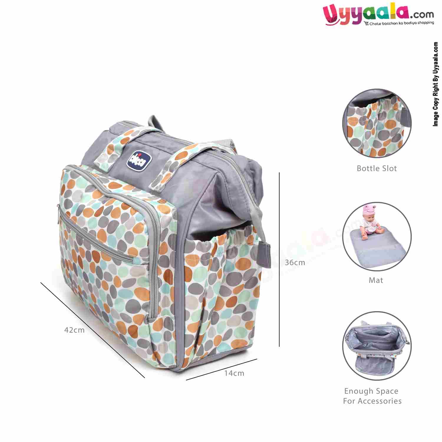 Premium Quality Multipurpose Mother Bag(Diaper Bag) with side Bottle Pockets & Bottle Holders, Dot Print, Size(42*36cm) - Grey