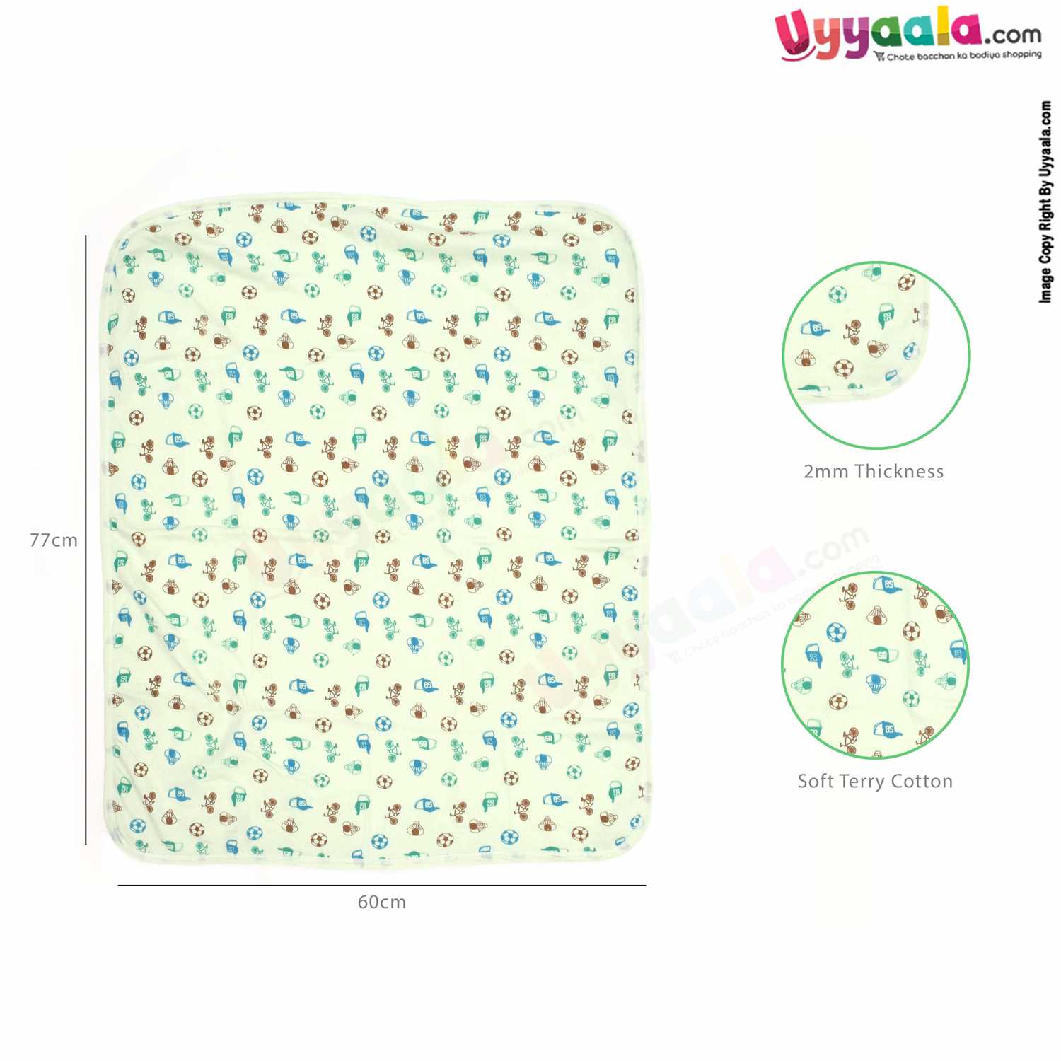 ZERO Baby Bath Soft 100% Cotton Towel with Foot Ball & Cycle Print 0+m Age, Size (84*76cm)- Light Green