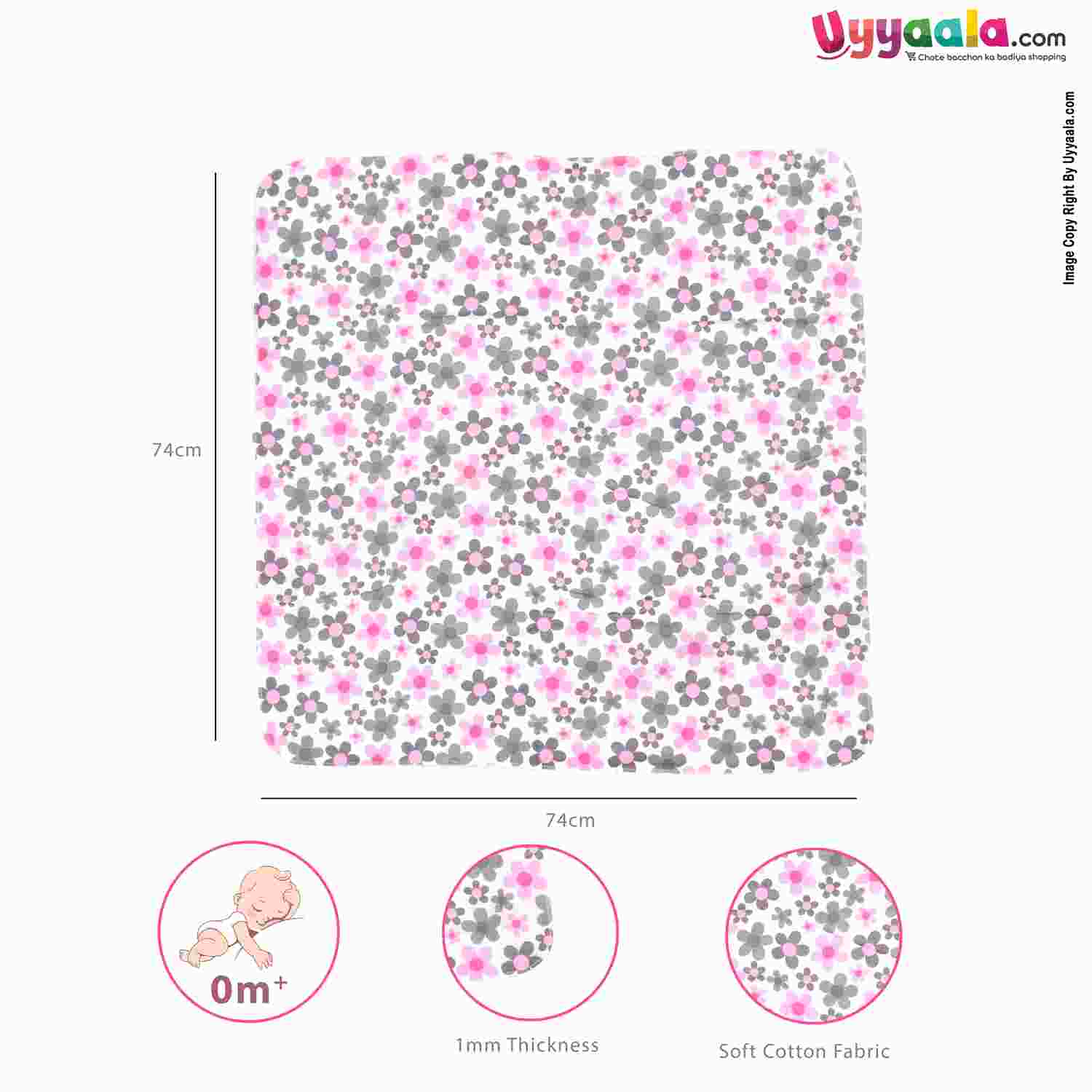 KOLACO Baby Soft Bath Cotton Towel with Floral Print Pack of 2 0+m Age, Size (74*73) - Light Pink & Multi Color