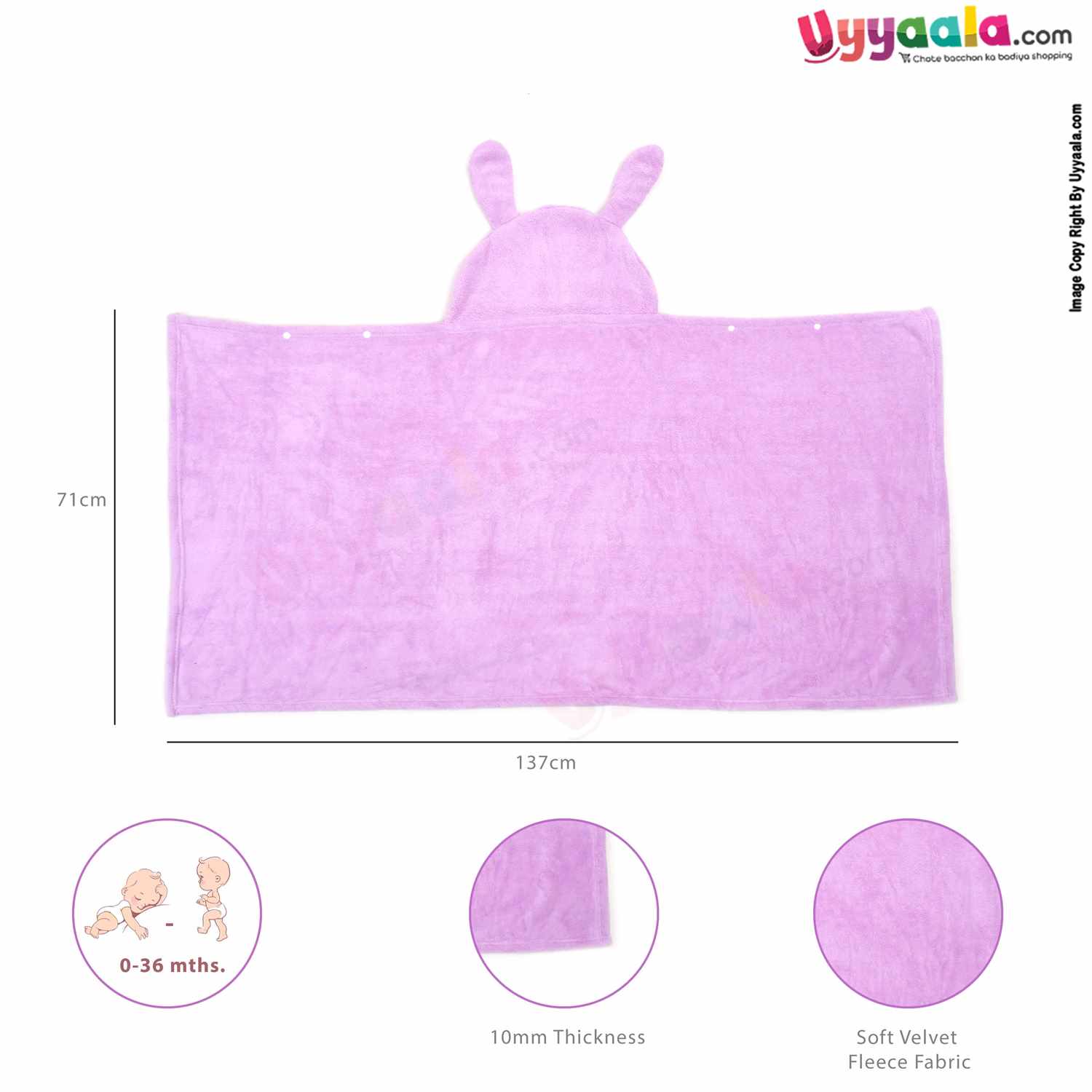 Hooded Fur Blanket with Cartoon Character for Babies 0-36m Age, Size(137*71cm) - Purple