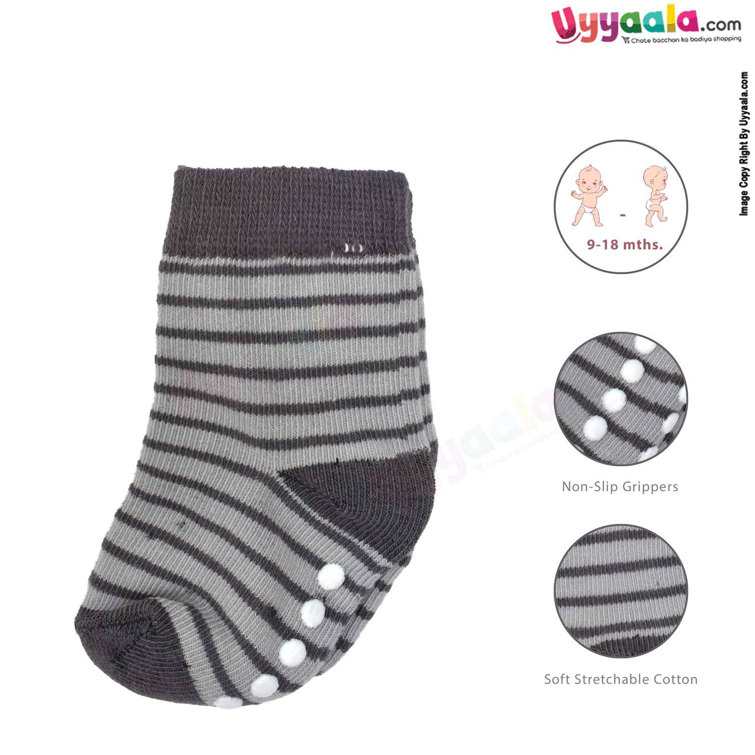 HUDSON BABY Stretchable & Non Skid Socks 3p Set with Multi Print,9-18m Age- Grey & White