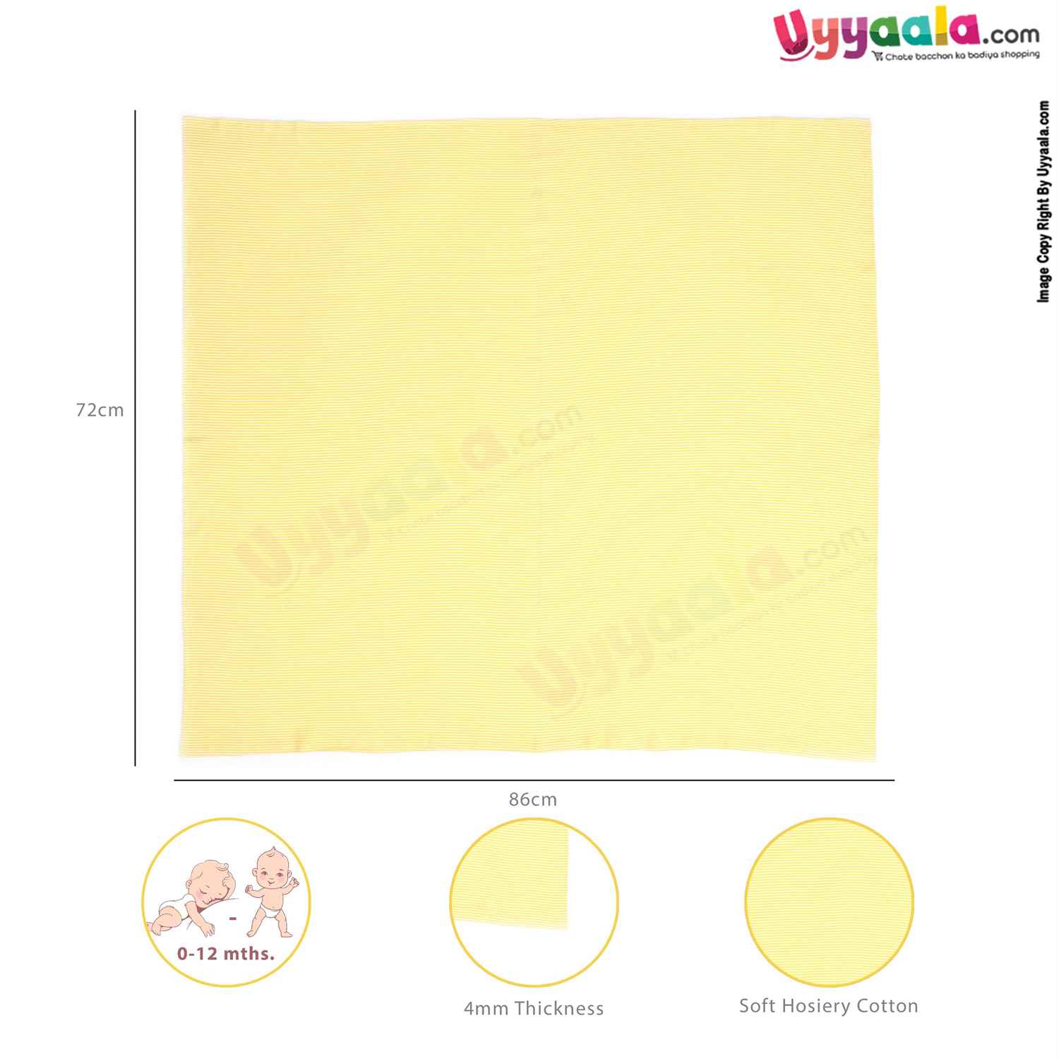 Hosiery Cotton Wrapper for Babies with Stripes Print 0-24 Age, Size (110*104cm)-Yellow