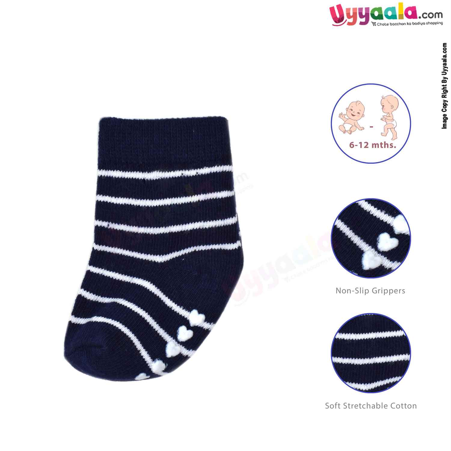 HUDSON BABY Stretchable & Non Skid Socks 3p Set with Multi Print, 6-12 m Age- Navy Blue & White