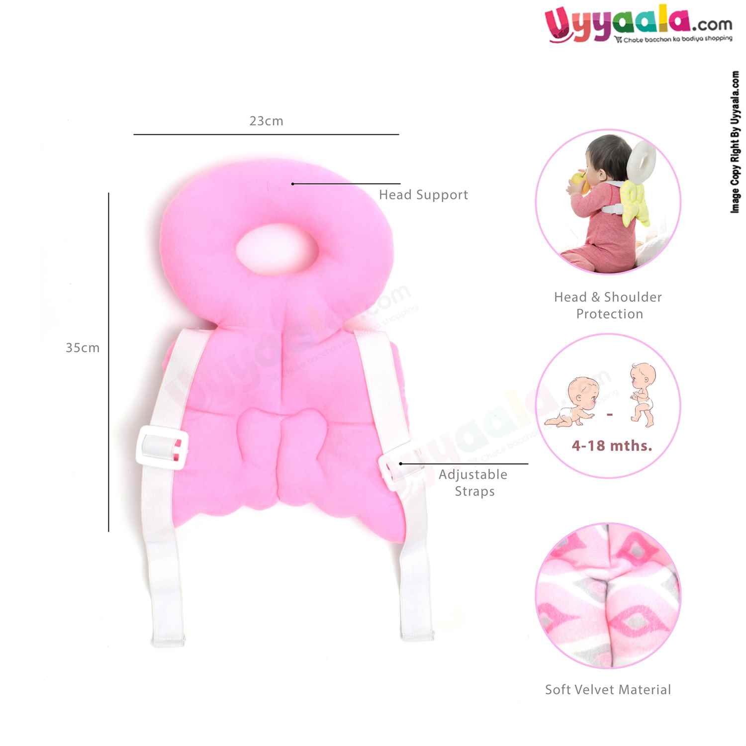 Baby Head Protector with Pillow with Adjustable Straps & Velvet Material, with Print 4-18m Age, Size(32*20cm)