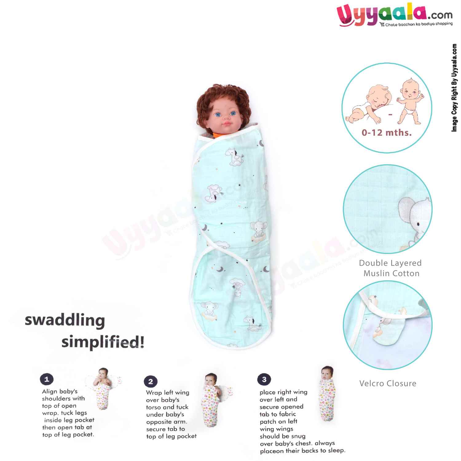 BANANA BABY double Layered Muslin Cotton Swaddle Adjustable Wrapper with Animals Print for Babies 0+m Age, Size(74*57cm)