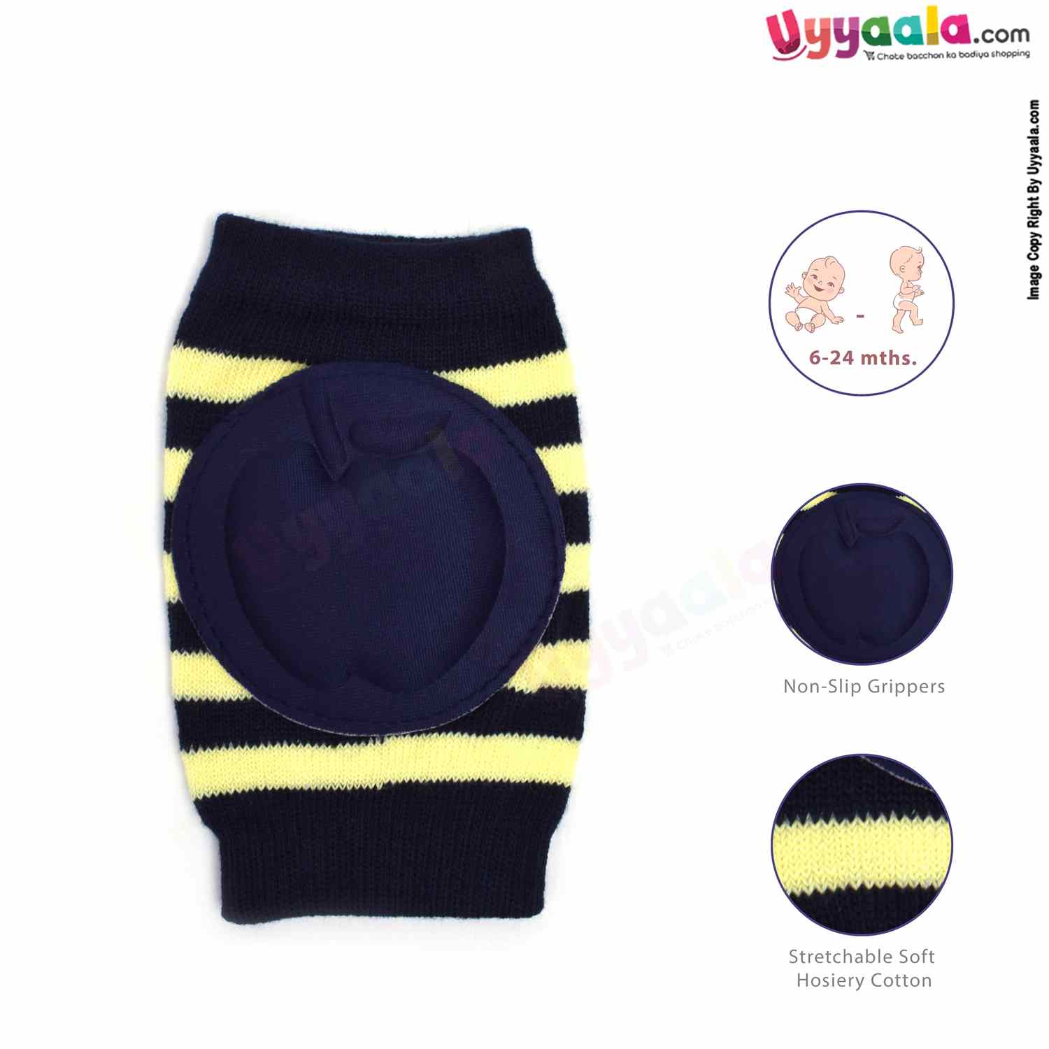 Hosiery Cotton Stretchable Knee Protection Pads for Crawling Babies with Apple Patch Pack of 1 Pair , 6m-2Y Age - Yellow & Navy Blue