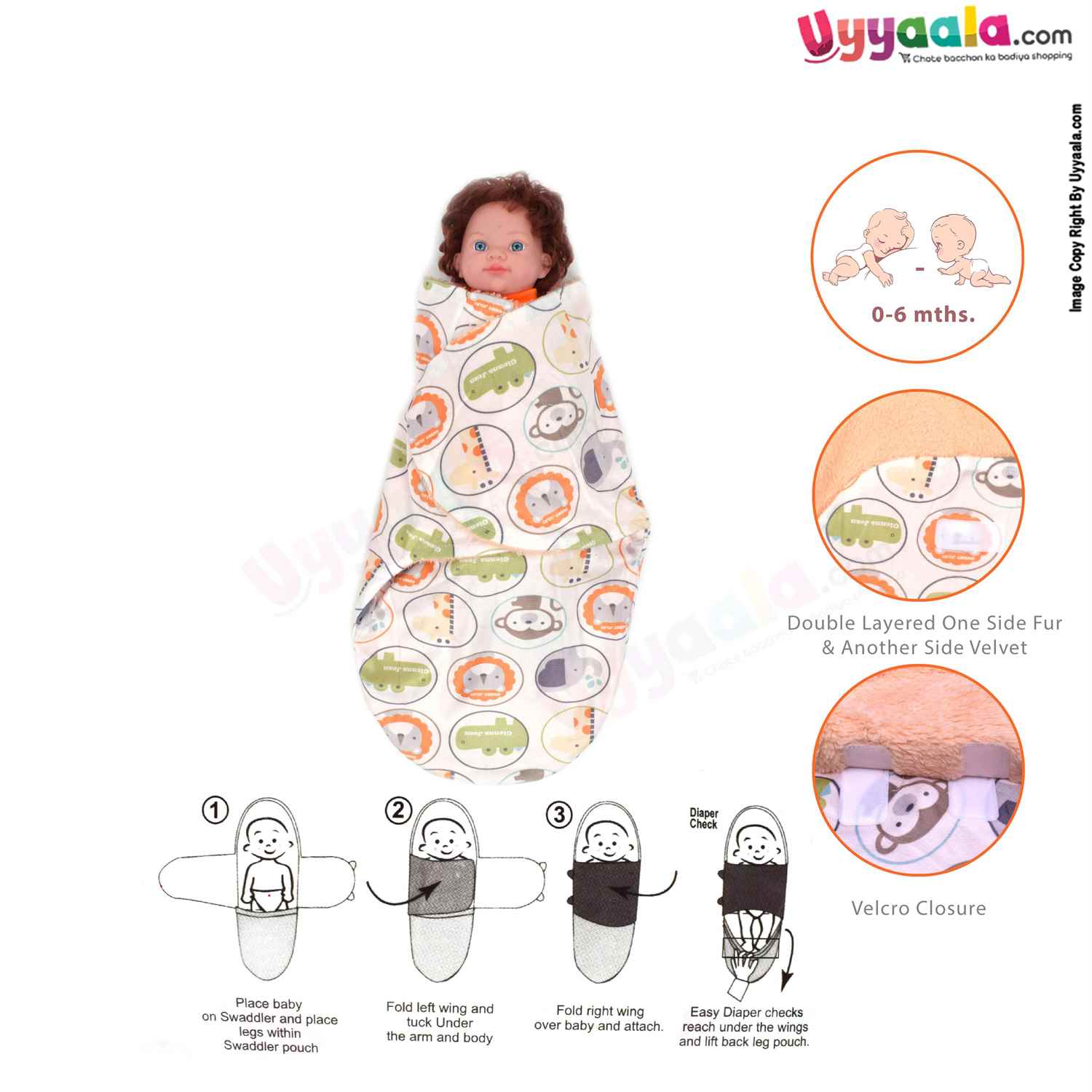 Double Layered Swaddle Wrapper One Side Fur & Another Side Velvet with Monkey & Elephant Print for Babies 0+m Age, Size(70*15cm)