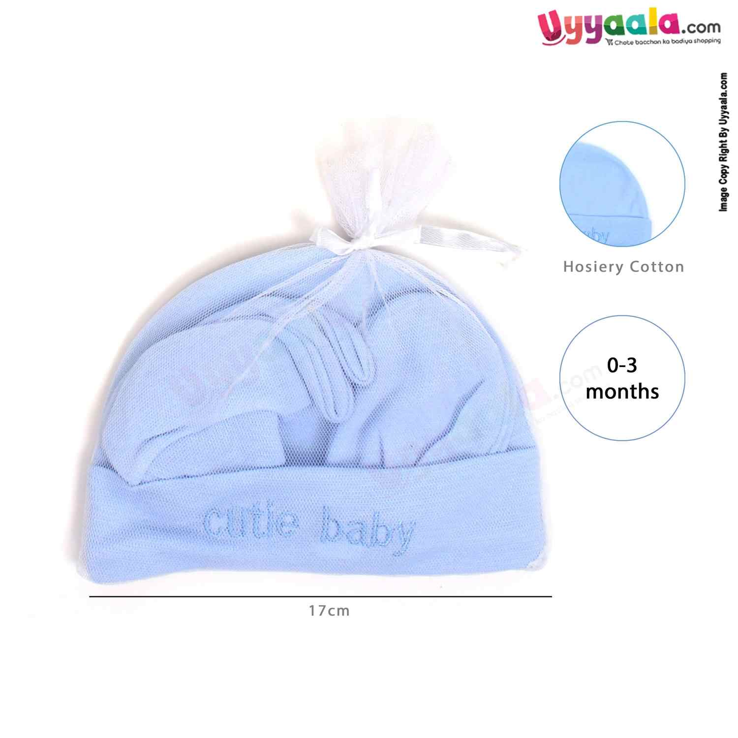 MONTALY Premium Quality Soft Hosiery Cotton Mitten, Booty & Cap Set for Babies Pack of 2 ,0-3m Age- Green & Blue