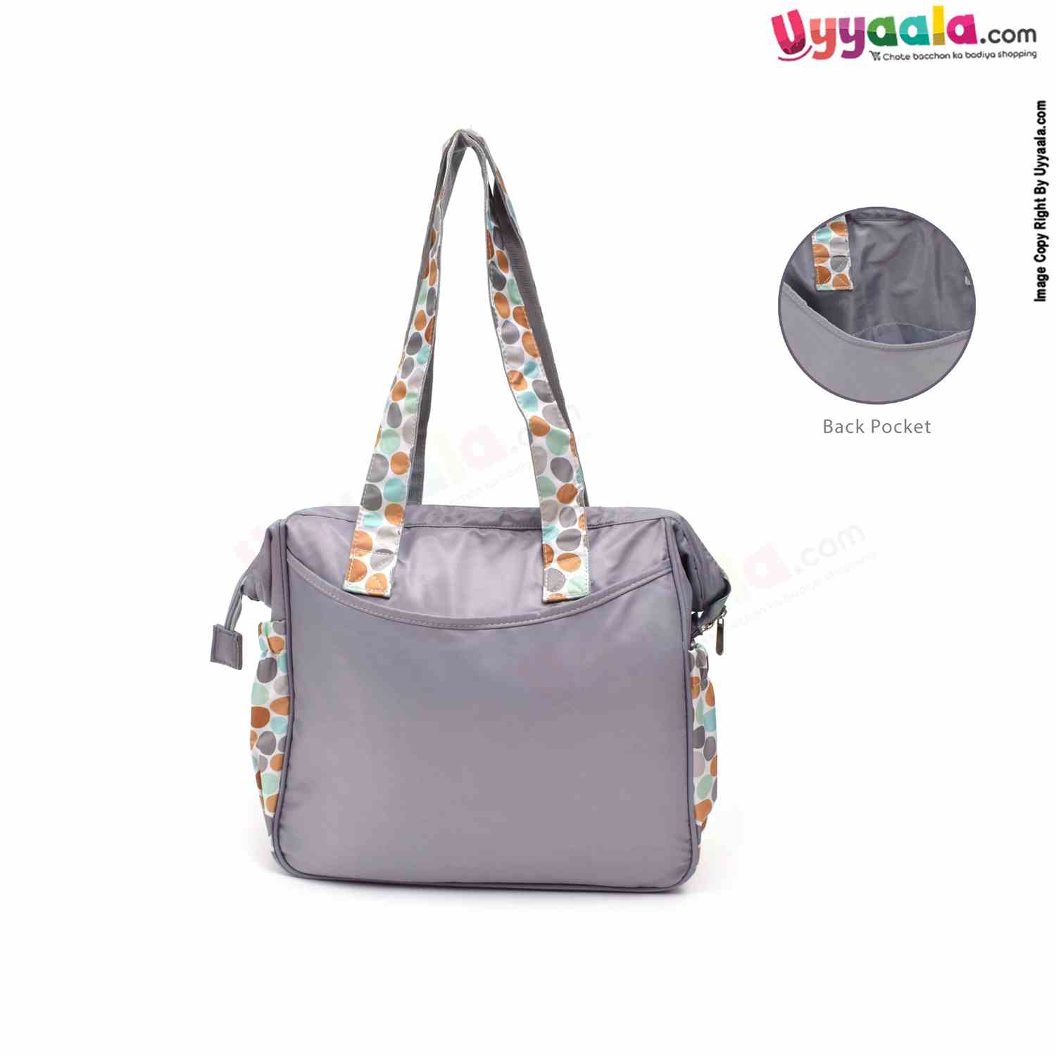 Premium Quality Multipurpose Mother Bag(Diaper Bag) with side Bottle Pockets & Bottle Holders, Dot Print, Size(42*36cm) - Grey