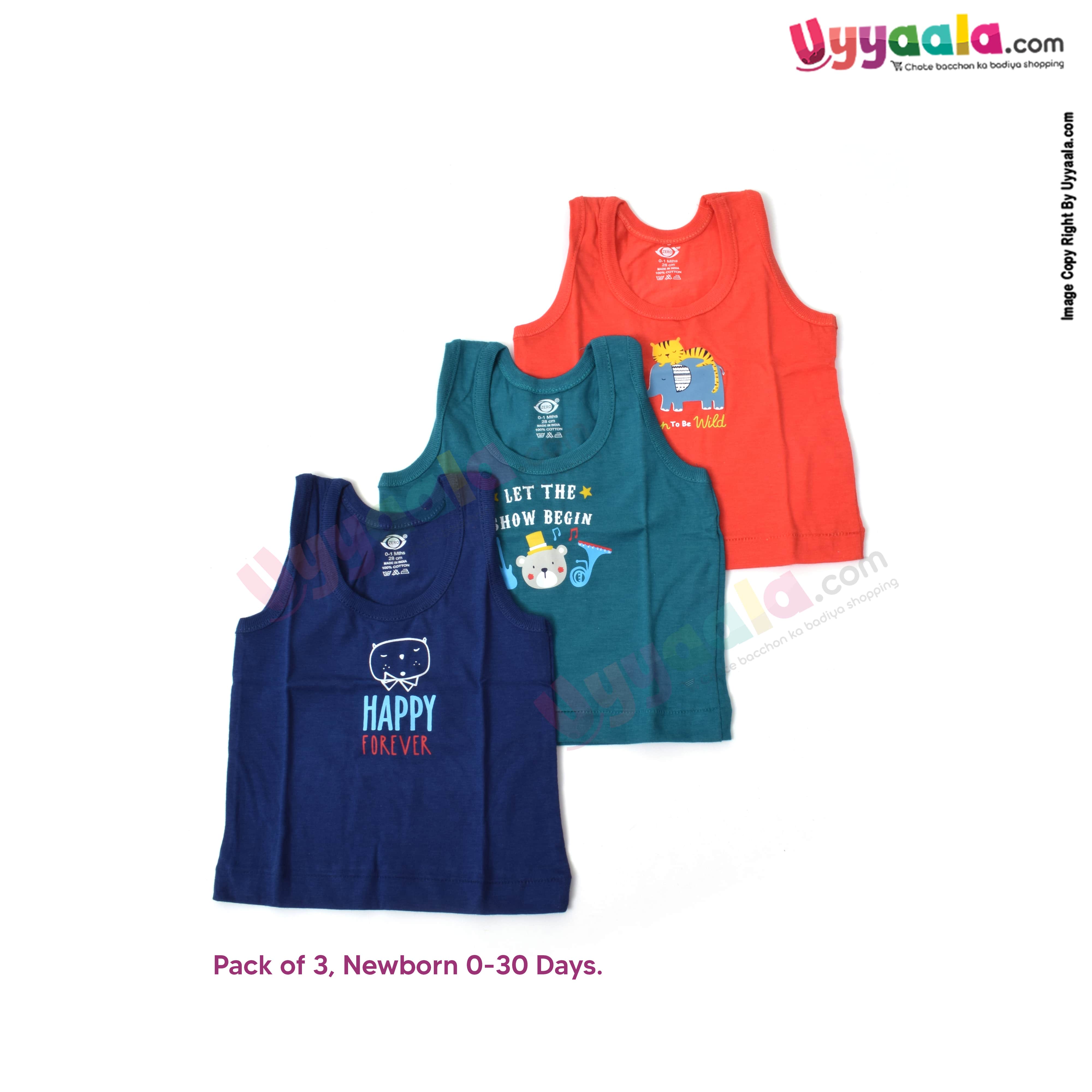 Zero new born sleeveless jablas, hoisery cotton, Pack of 3 -Multicolor with cartoon & textprint