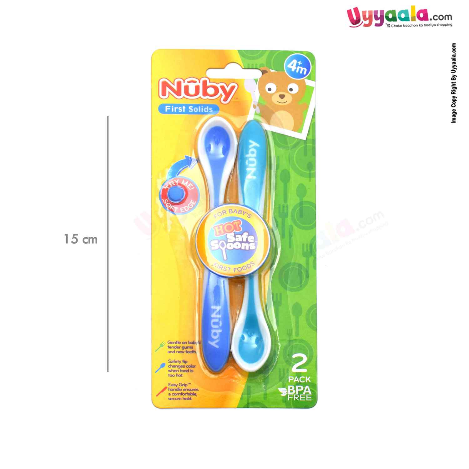 NUBY Hot safe spoons for babies first foods, Pack of 2- Green & Blue, 4+m