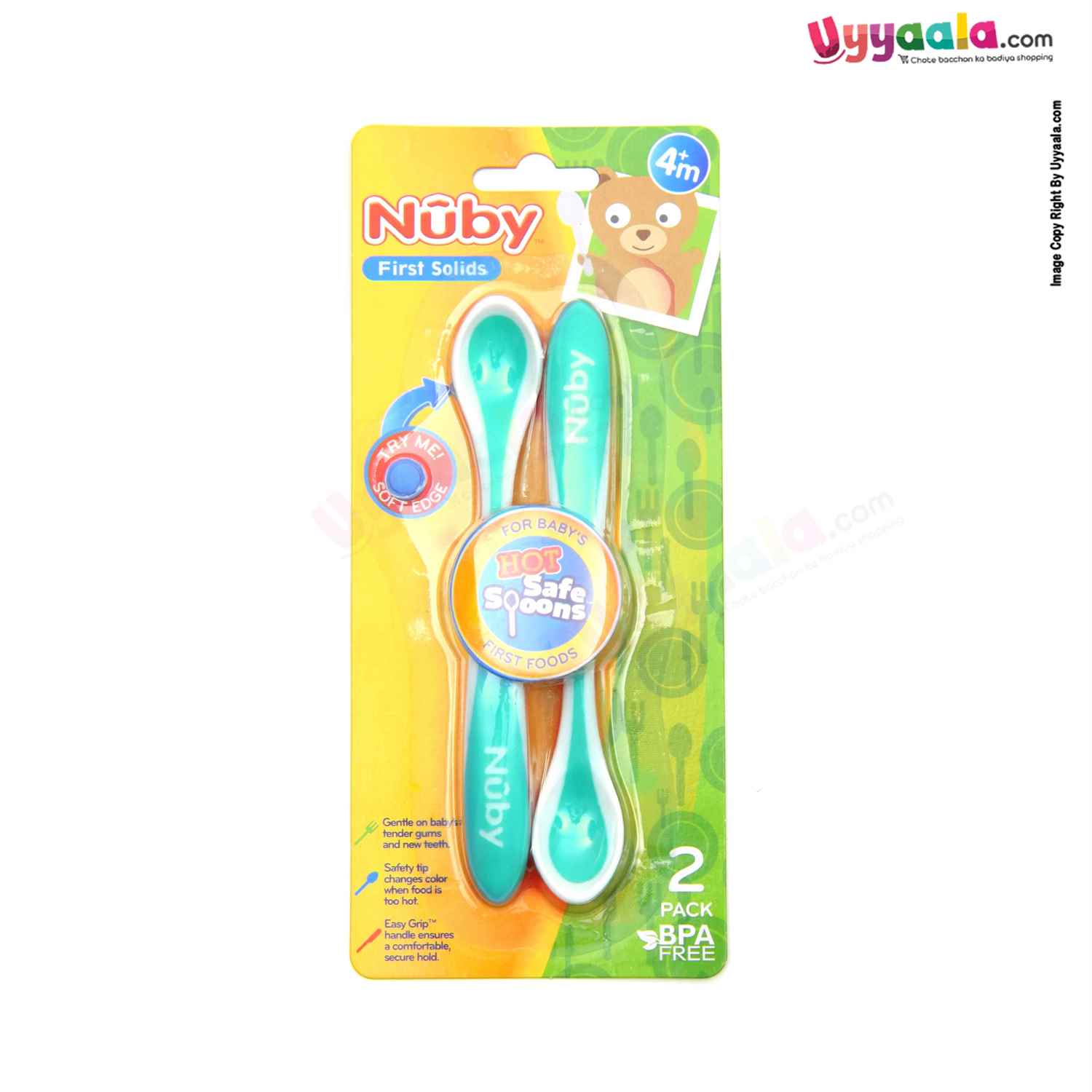 NUBY Hot safe spoons for babies first foods, Pack of 2 - Green, 4+m