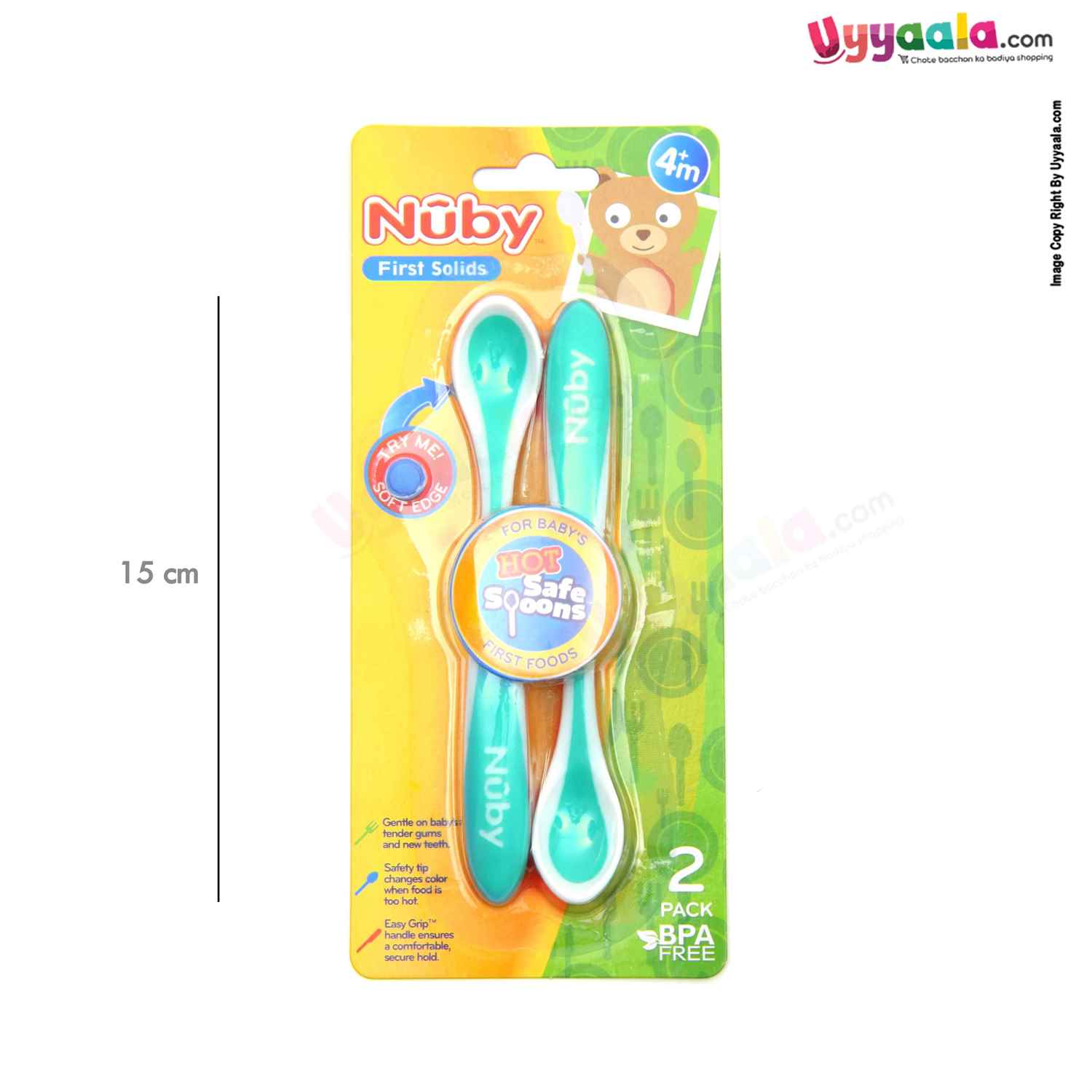 NUBY Hot safe spoons for babies first foods, Pack of 2 - Green, 4+m