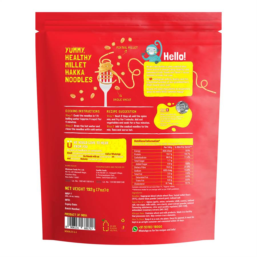 Slurrp Farm Hakka Millet Noodles in Red Curry Masala Flavour for Small Children - 192gms, 2years & above