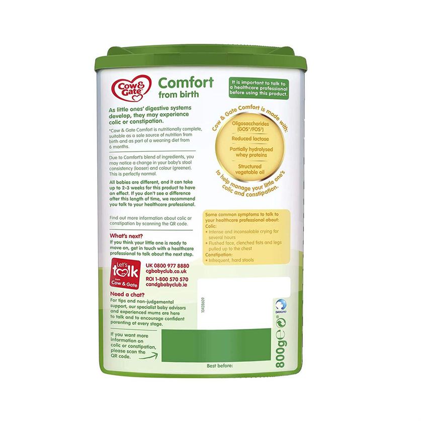 Cow & Gate Comfort from Birth Infant Baby Milk Formula, 800gms, 0+months