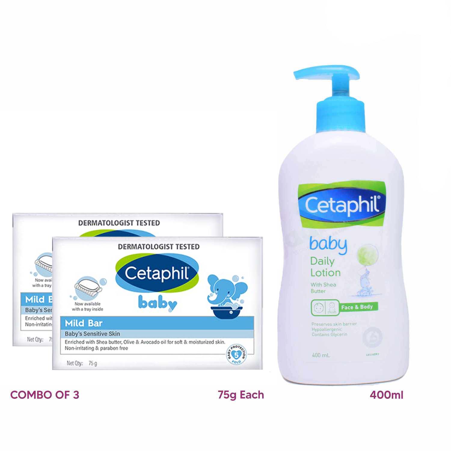 CETAPHIL Baby Soaps 75g (Pack of 2) & Daily Lotion 400ml (1) Combo pack