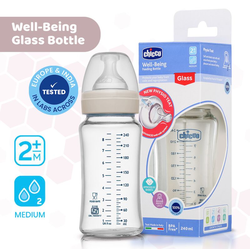 Buy Chicco Well-Being Glass Feeding Bottle for Babies (Medium Flow) - 240ml Online in India at uyyaala.com