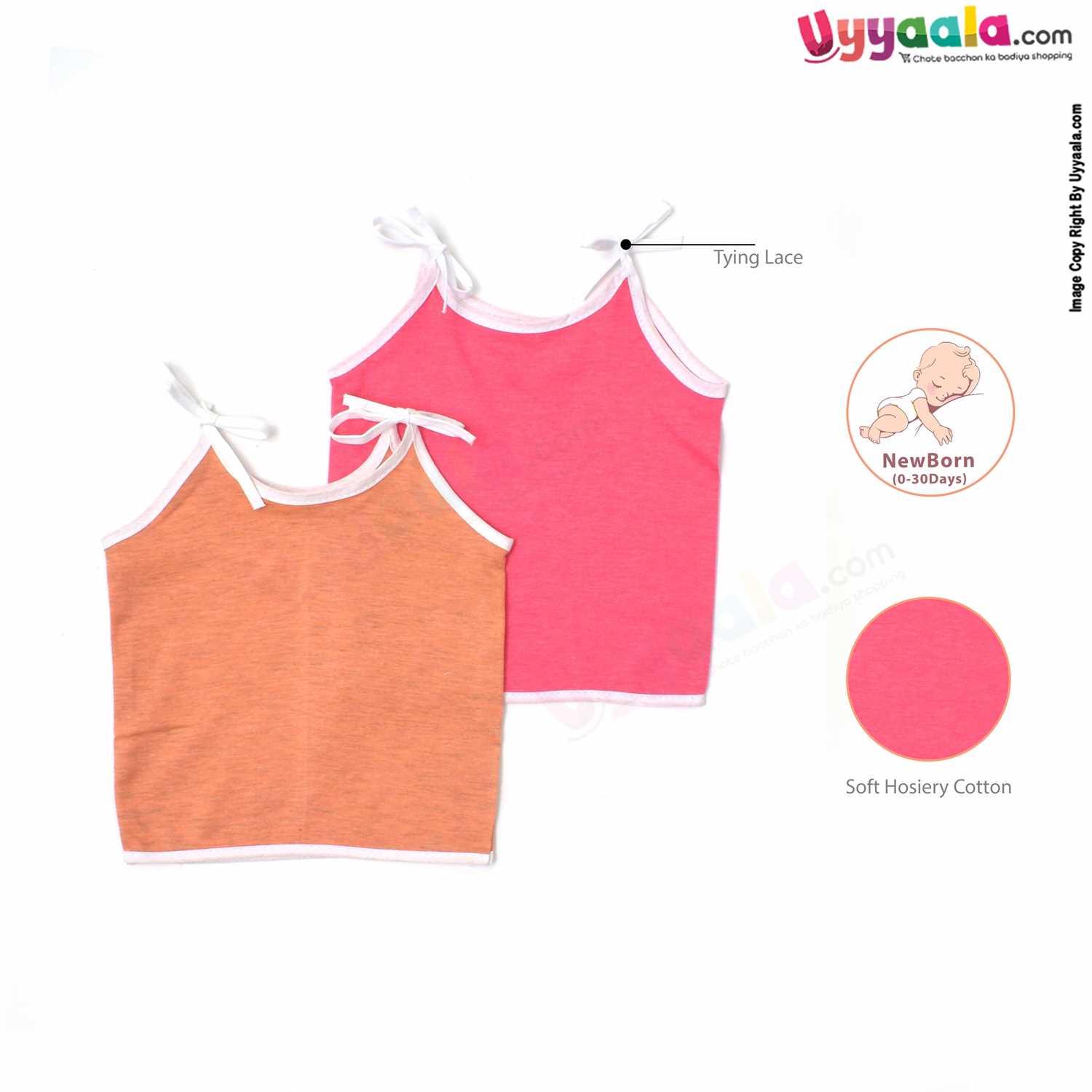SNUG UP Sleeveless Baby Jabla Set, Top Opening Tie knot Lace Model, Premium Quality Cotton Baby Wear, (0-30 Days), 2Pack - Pink & Orange