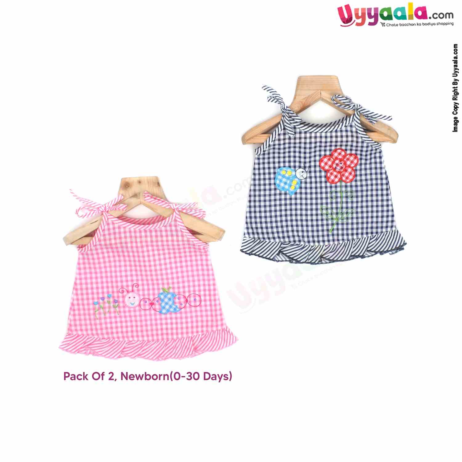 VOCAL BABY Sleeveless Newborn Baby Frock, Top Opening Tie Knot Lace Model, Premium Quality Cotton Baby Wear, Checks Print, Pink & Black - 2 Pack