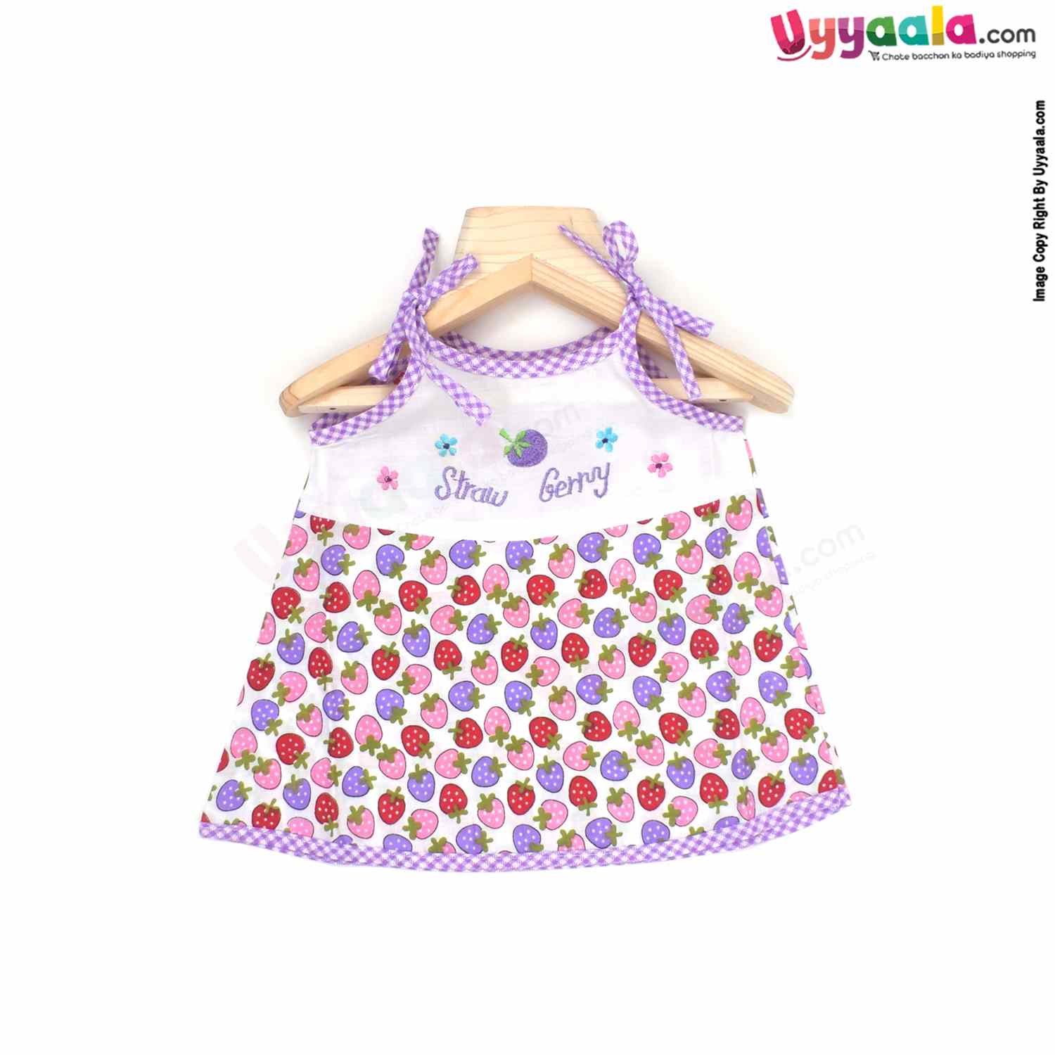 Sleeveless Newborn Baby Frock, Top Opening Tie Knot Lace Model, Premium Quality Cotton Baby Wear. Strawberry Print, (0-30Days)