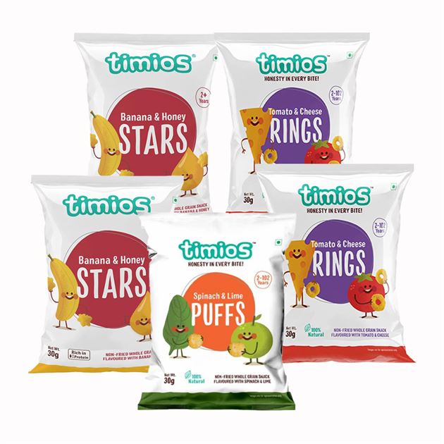 Timios Combo of 5 - Spinach & Lime Puffs, Banana & honey Stars & Tomato & Cheese Rings - Each 30gms - 2 Years +