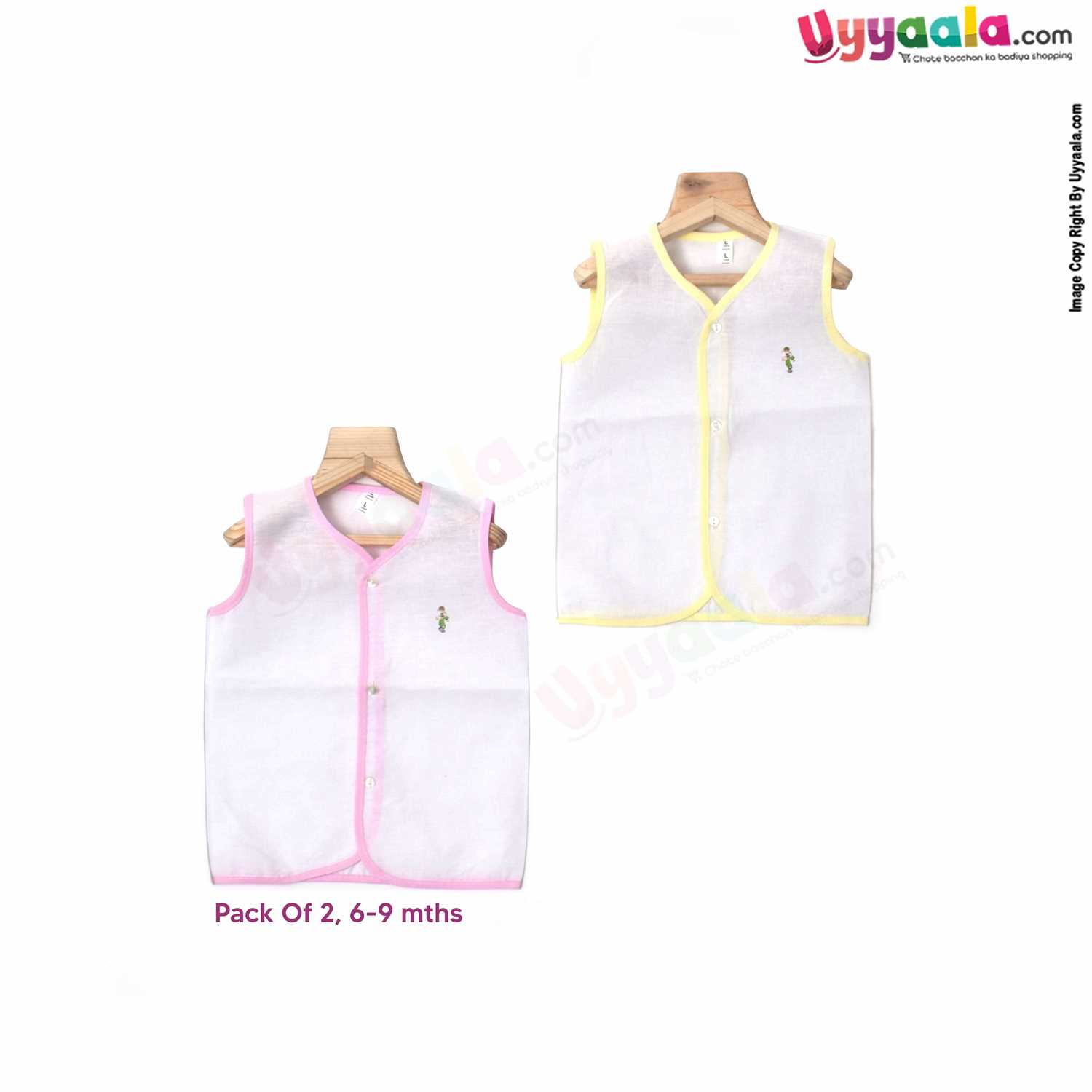 POLAR CUBS Sleeveless Baby Jabla Set, Front Opening Button Model, Premium Quality Cotton Baby Wear, (6-9M), 2Pack - White with Pink & Yellow Borders