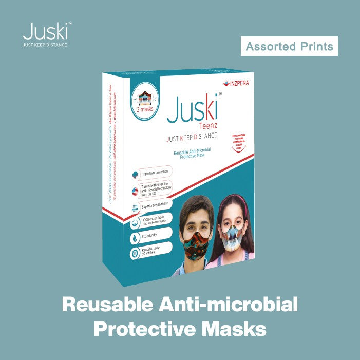 JUSKI Reusable & Eco Friendly Cotton Face Masks with Triple Layer Protection for Teenagers - 2pcs (Assorted Prints)