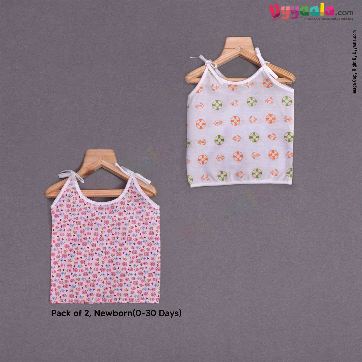 Sleeveless Baby Jabla Set, Top Opening Tie knot Lace Model, (0-30 Days), Floral & Anchor Print, 2Pack - Pink & White