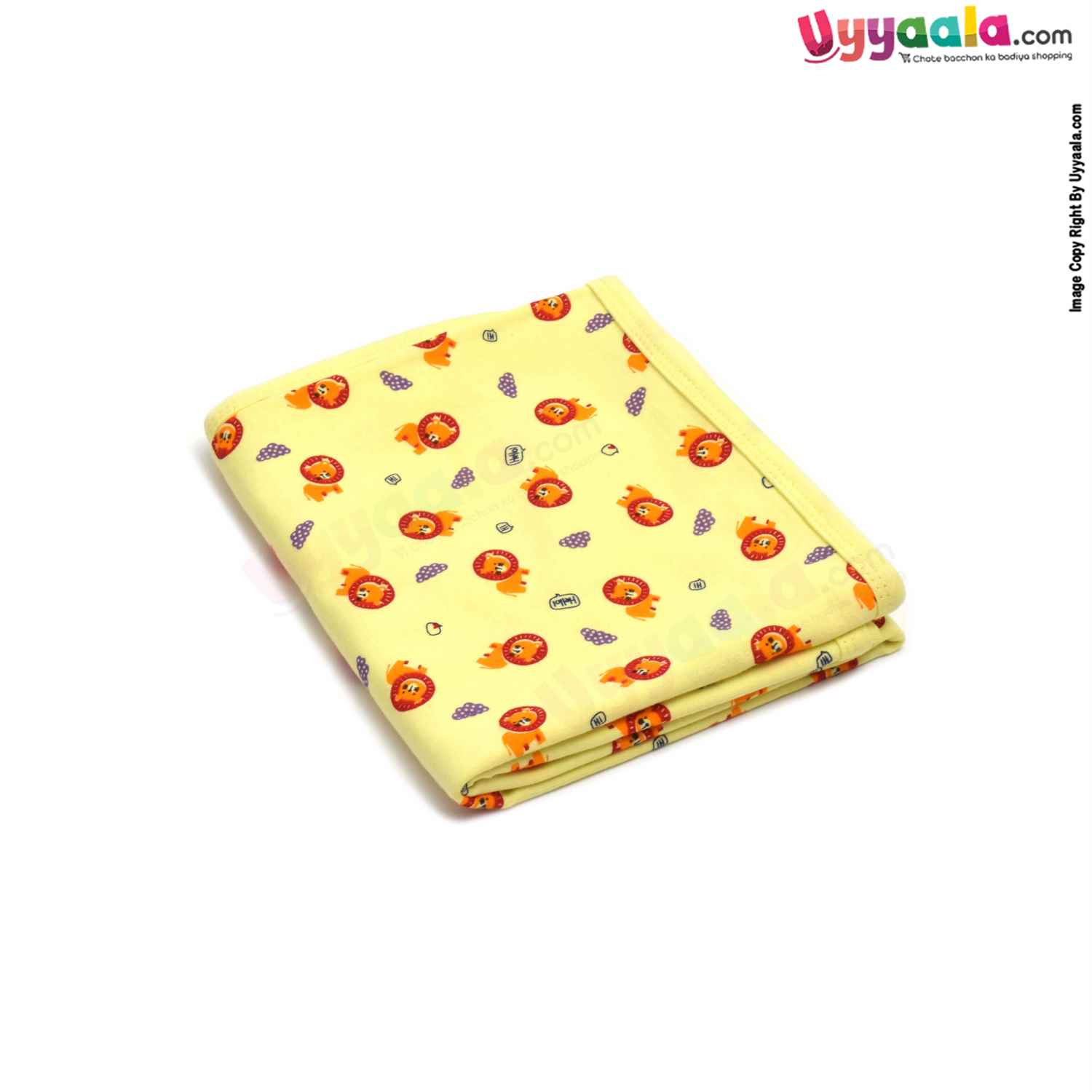 Hosiery Cotton Hooded Towel for Babies with Lion Print 0-12m Age, Size (86*72cm)- Yellow