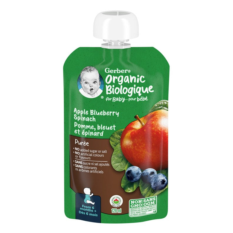 Gerber Organic Biologique Puree for Babies with Apple, Blueberry & Spinach - 128ml, 6+Months 