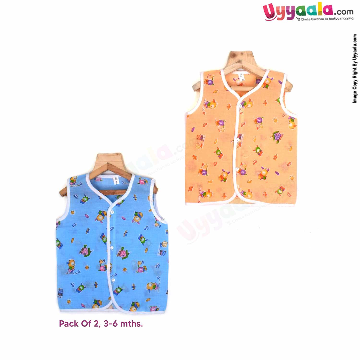 SNUG UP Sleeveless Baby Jabla Set, Front Opening Button Model, Premium Quality Cotton Baby Wear, Bear Print, (3-6M), 2Pack - Blue & Orange