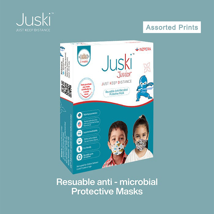 JUSKI Reusable & Eco Friendly Cotton Face Masks with Triple Layer Protection for Kids - 2pcs (Assorted Prints)