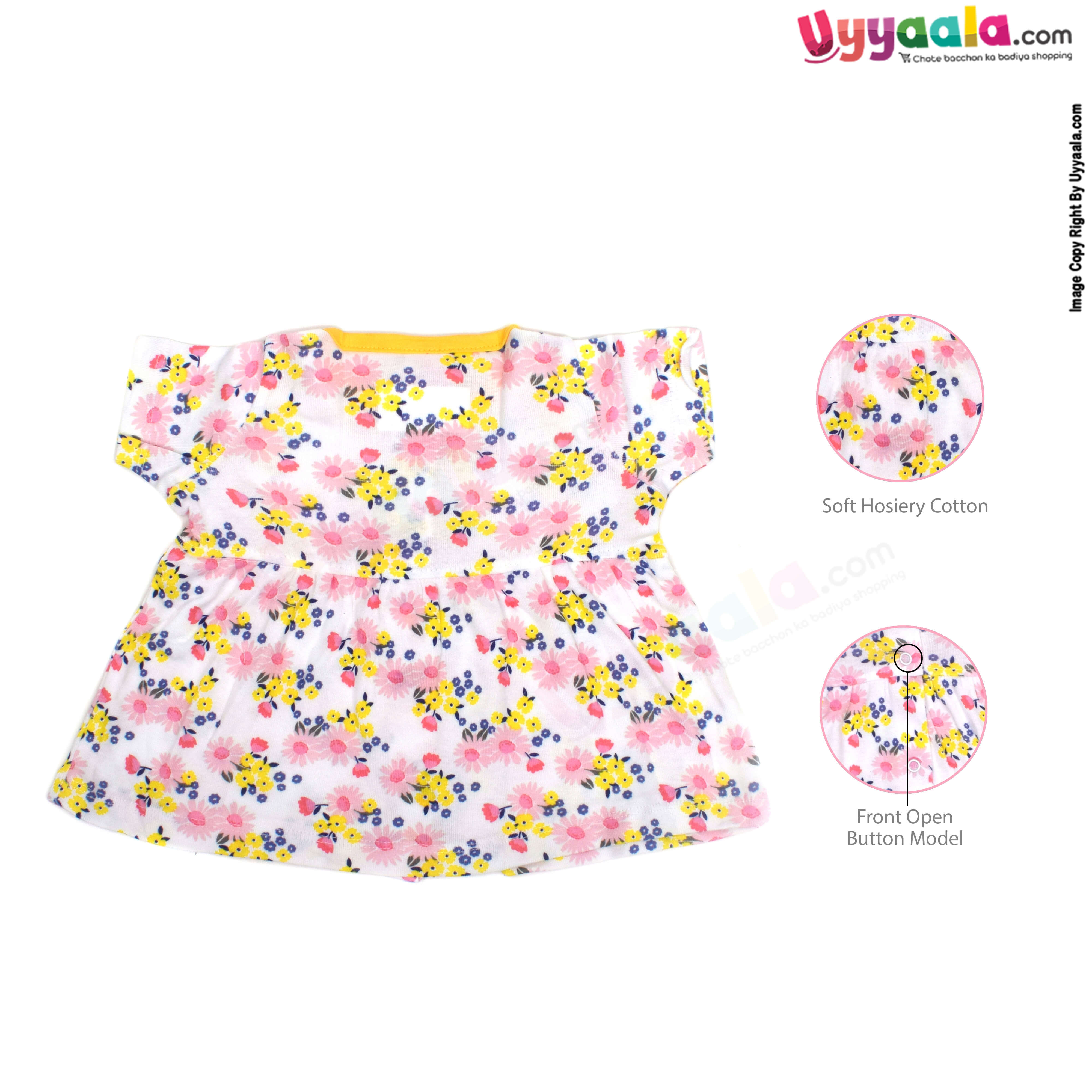 SNUG UP Baby 100% Premium Quality Hoisery Sleeve less Newborn Front open Button model Frock with Bloomer Flowers Print, Yellow