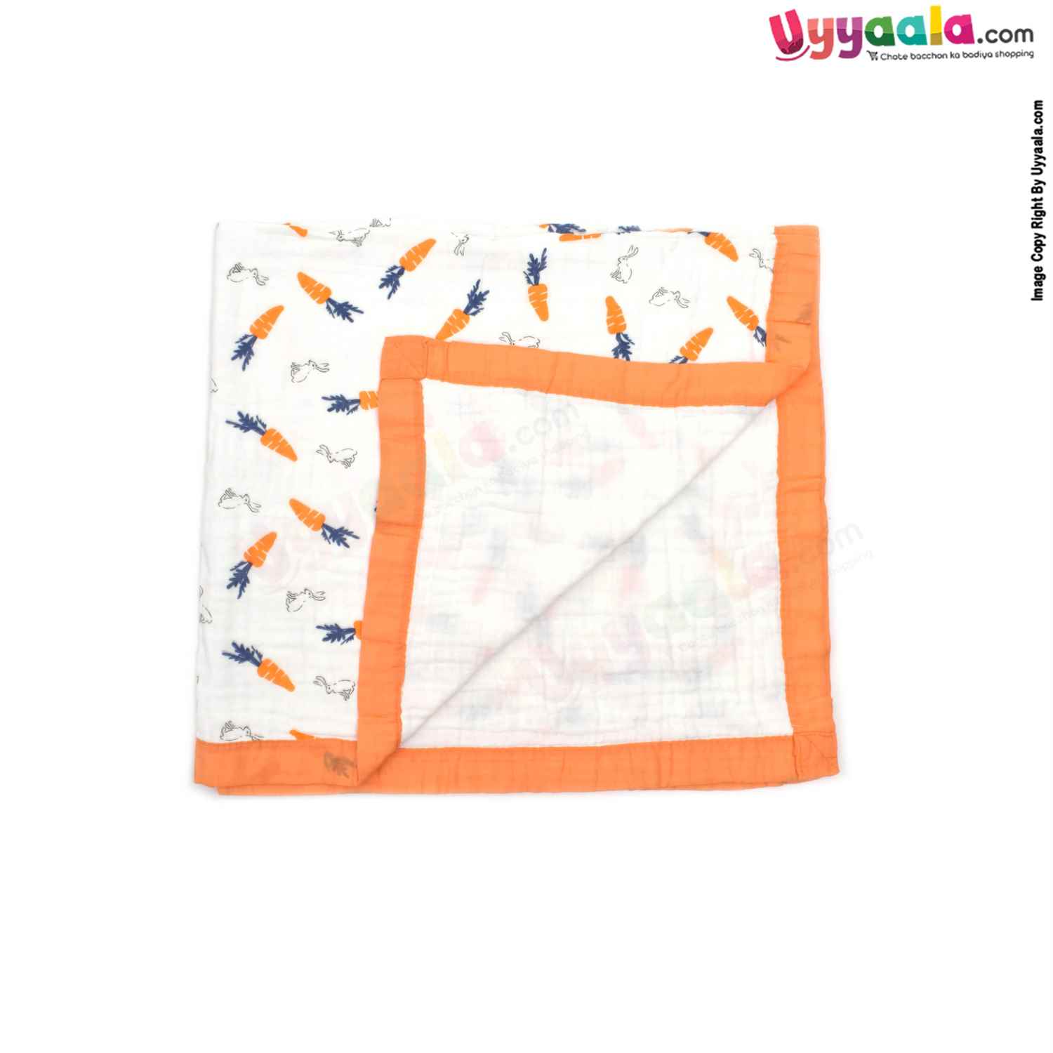 Four Layer Muslin Cotton Wrapper with Border , Rabbit & Carrot Print for Babies 0+m Age ,Size (116*101cm)-White