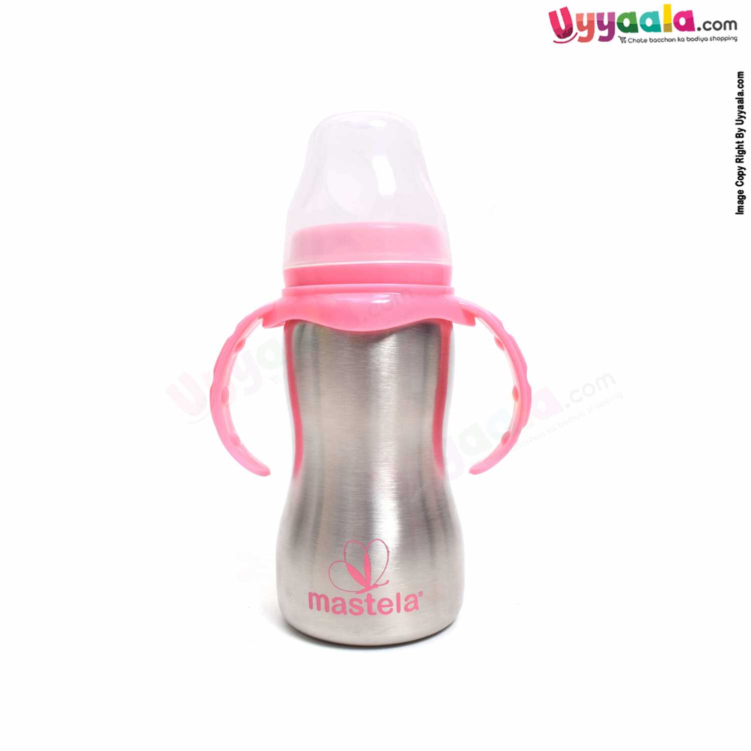 MASTELA Stainless Steel Twin Handle Feeding Baby Bottle Cum Sipper with Two Nipples 290ml - Silver
