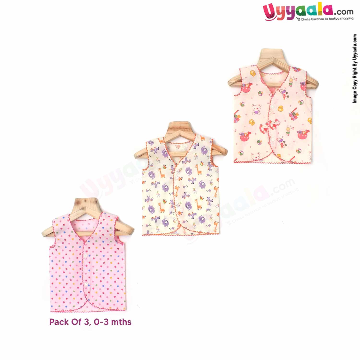 POLAR CUBS Sleeveless Baby Jabla Set, Front Opening Button Model, Premium Quality Cotton Baby Wear, Assorted Prints, (0-3M), 3Pack - Multicolor