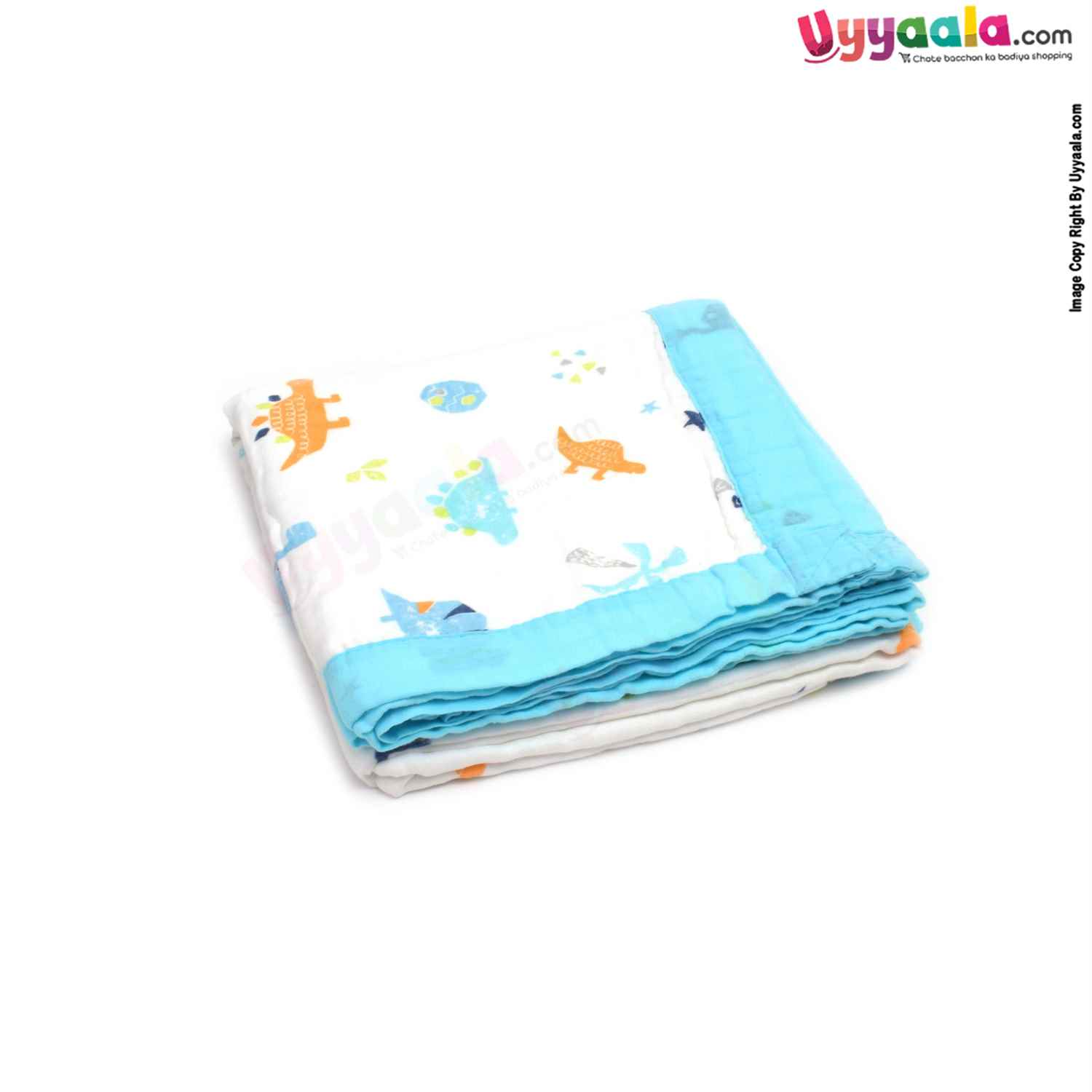 Four Layered Muslin Cotton Wrapper with Border, Dinos Print for Babies 0+m Age, Size (113*101cm)-White & Blue