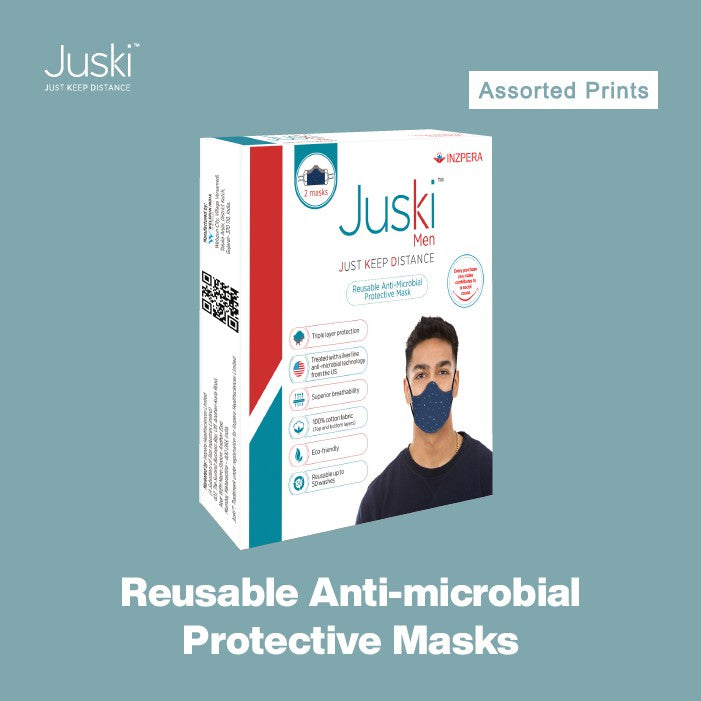 JUSKI Reusable & Eco Friendly Cotton Face Masks with Triple Layer Protection for Men - 2pcs (Assorted Prints)