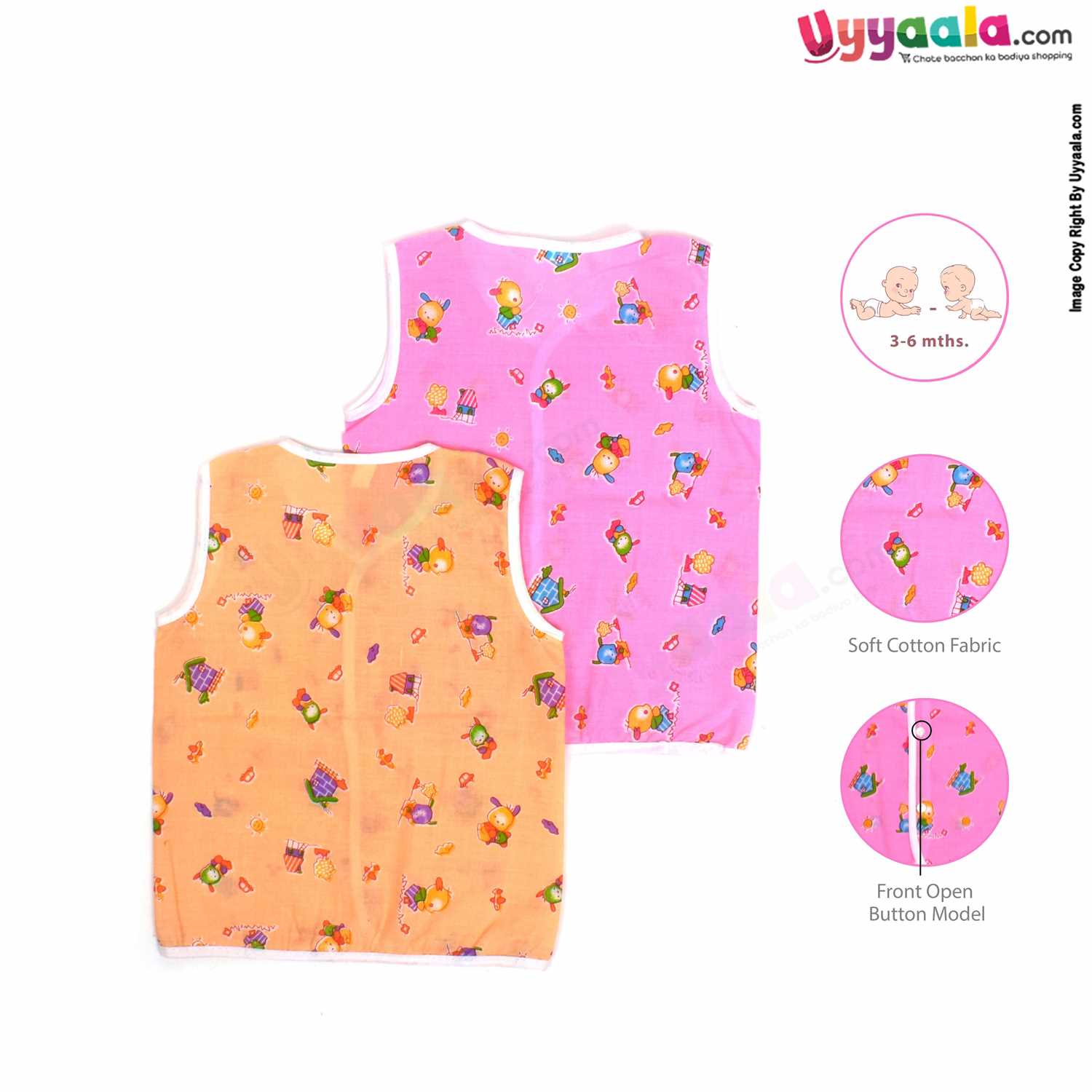SNUG UP Sleeveless Baby Jabla Set, Front Opening Button Model, Premium Quality Cotton Baby Wear, Bear Print, (3-6M), 2Pack - Pink & Orange