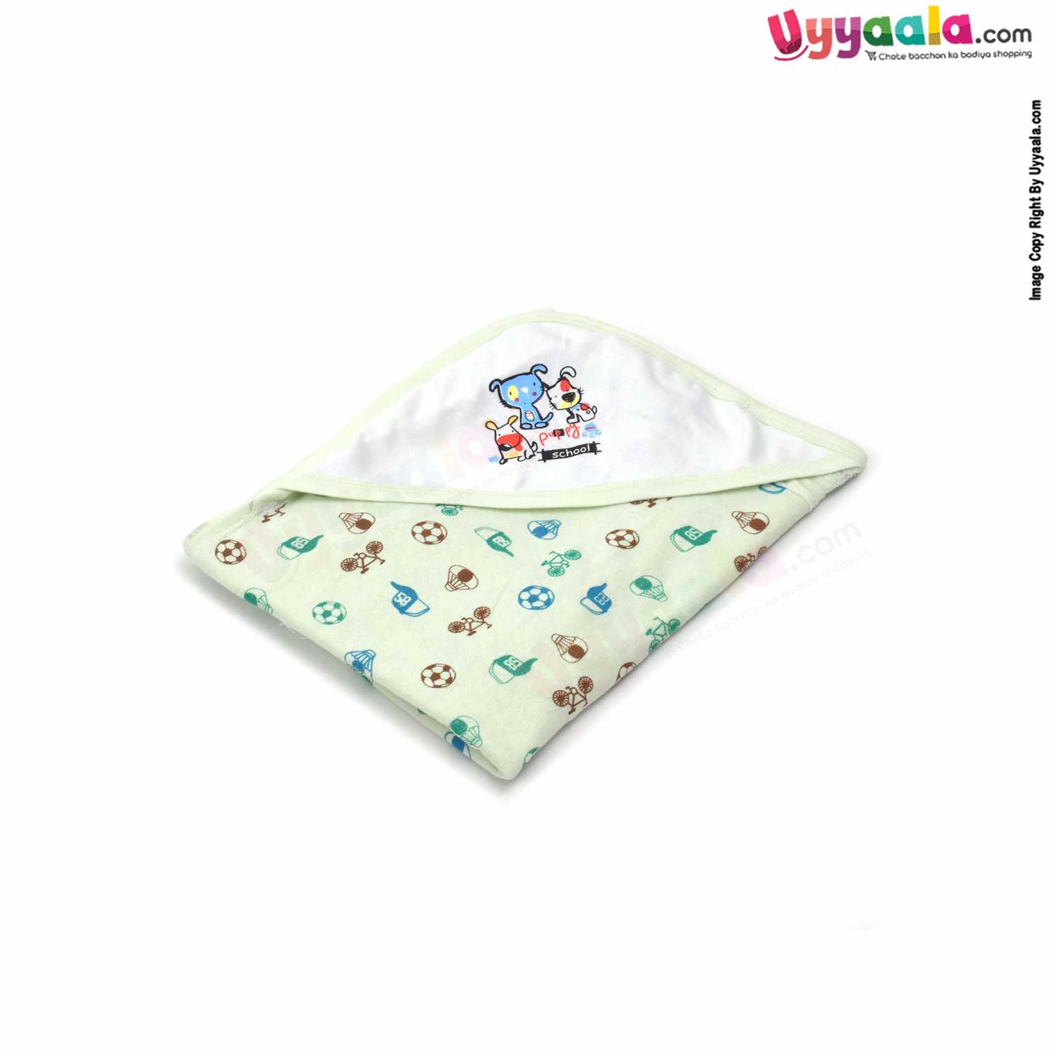 ZERO Baby Bath Soft 100% Cotton Towel with Foot Ball & Cycle Print 0+m Age, Size (84*76cm)- Light Green