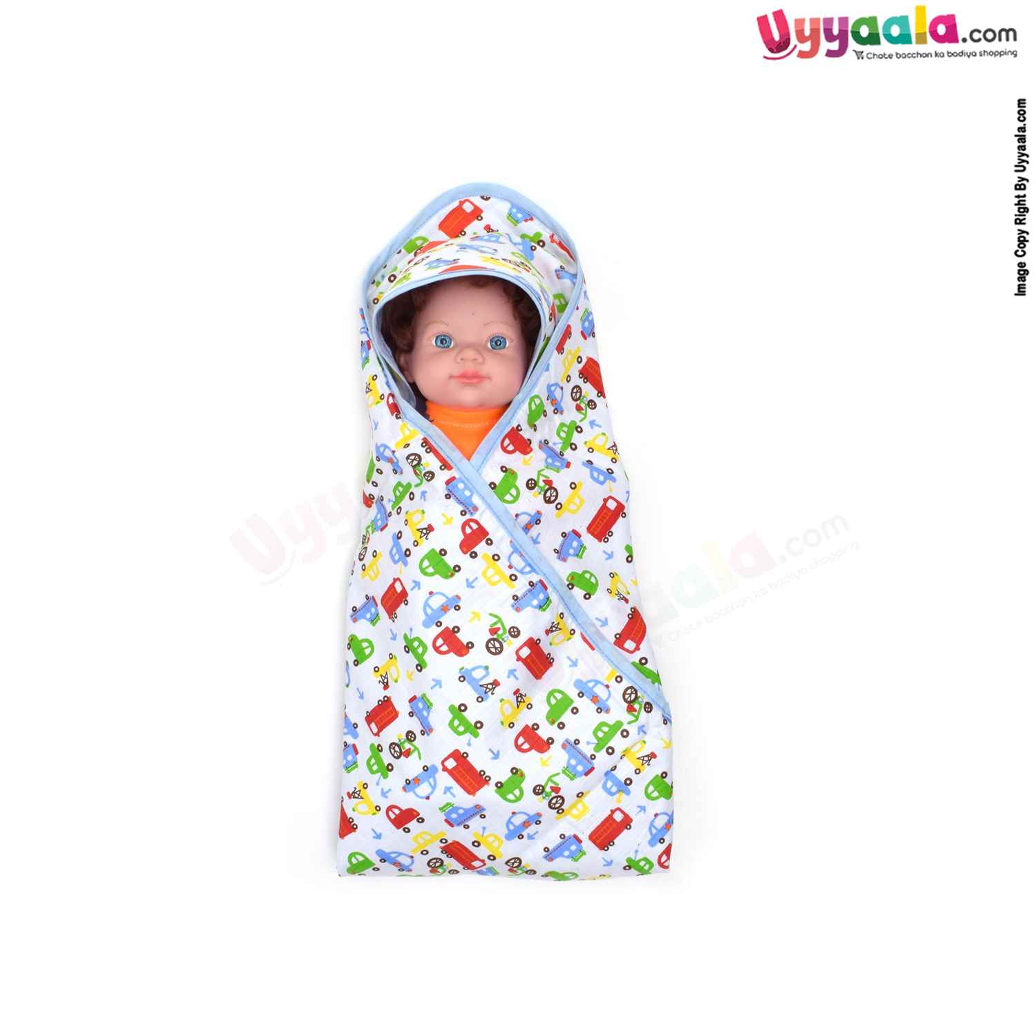 Double Layered Muslin Hooded Wrapper with Cars Print for Babies 0+m Age, Size (79*79cm)-White