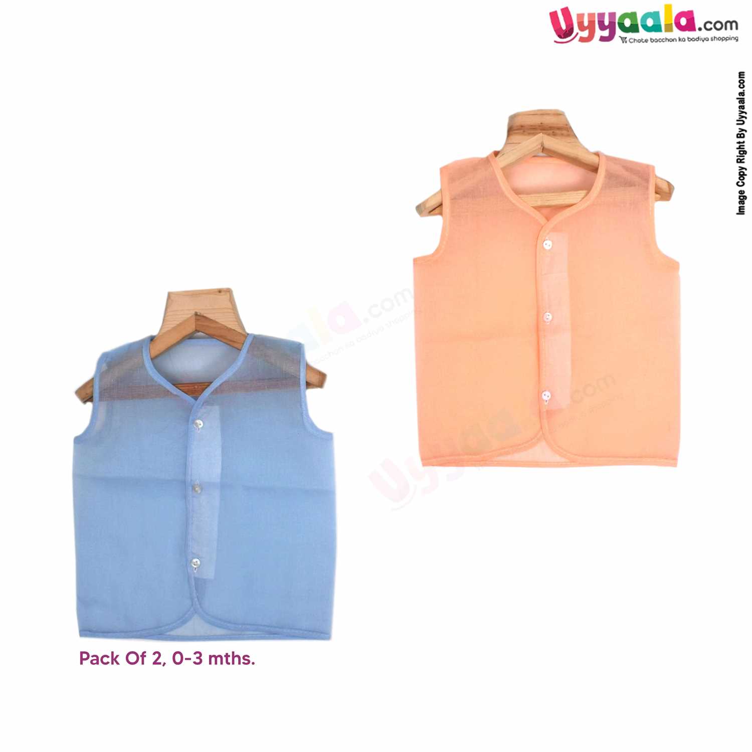 SNUG UP Sleeveless Baby Jabla Set, Front Opening Button Model, Premium Quality Cotton Baby Wear, (0-3M), 2Pack - Orange & Blue