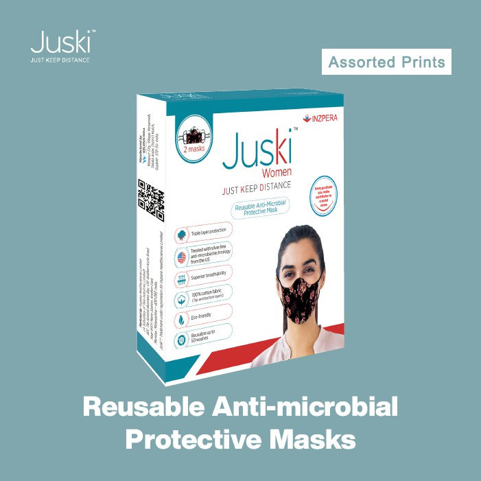 JUSKI Reusable & Eco Friendly Cotton Face Masks with Triple Layer Protection for Women - 2pcs (Assorted Prints)
