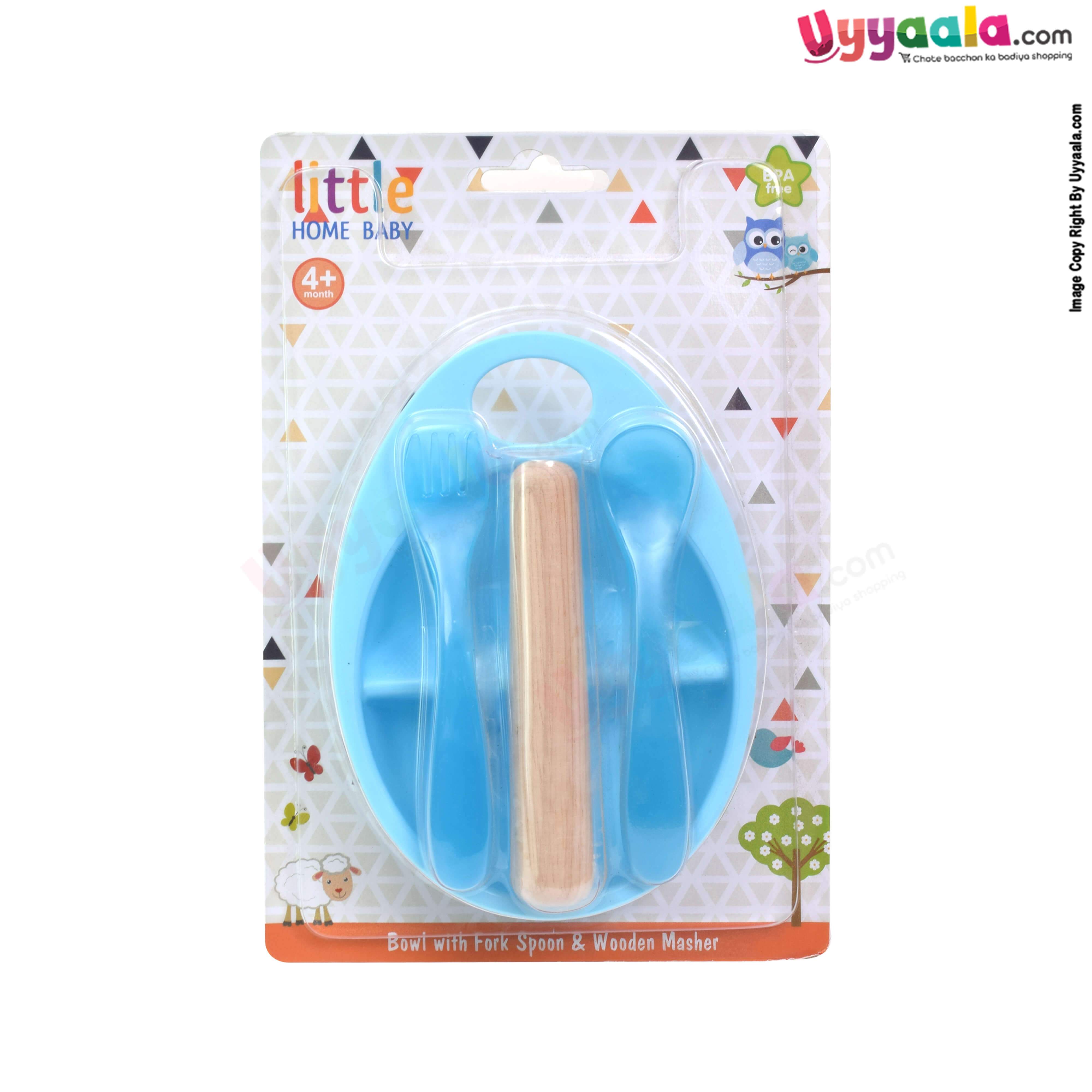 LITTLE HOME BABY Food Masher (BPA Free) Bowl with Fork Spoon & Wooden Masher