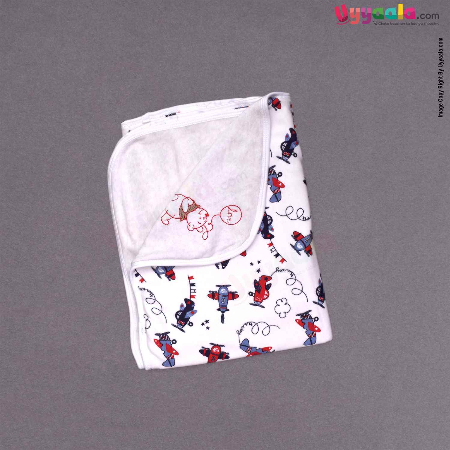 Dual layered Terry Cotton Hooded Baby Towel with Teddy Bear & Aeroplane Prints - 0+m, Size (94*65cm), White & Multicolor