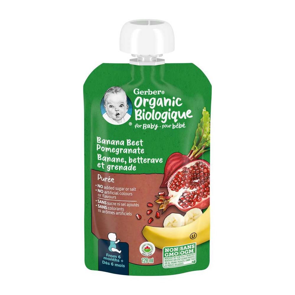 Gerber Organic Biologique Puree for Babies, Banana, Beet Pomegranate - 128ml, 6 Months +