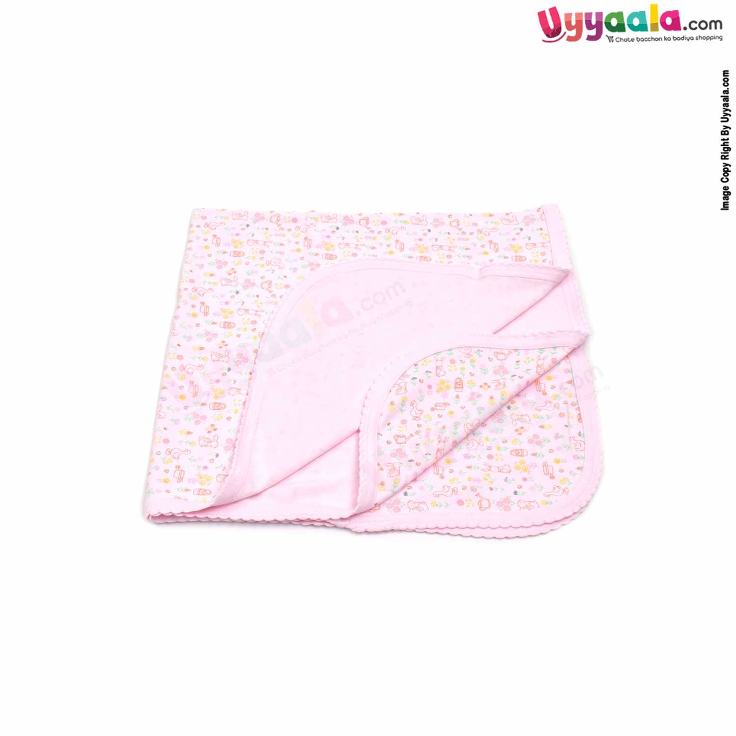 ZERO Baby Bath Soft 100% Cotton Towel with Rabbit & Duck Print 0+m Age, Size (84*76cm)- Light Pink