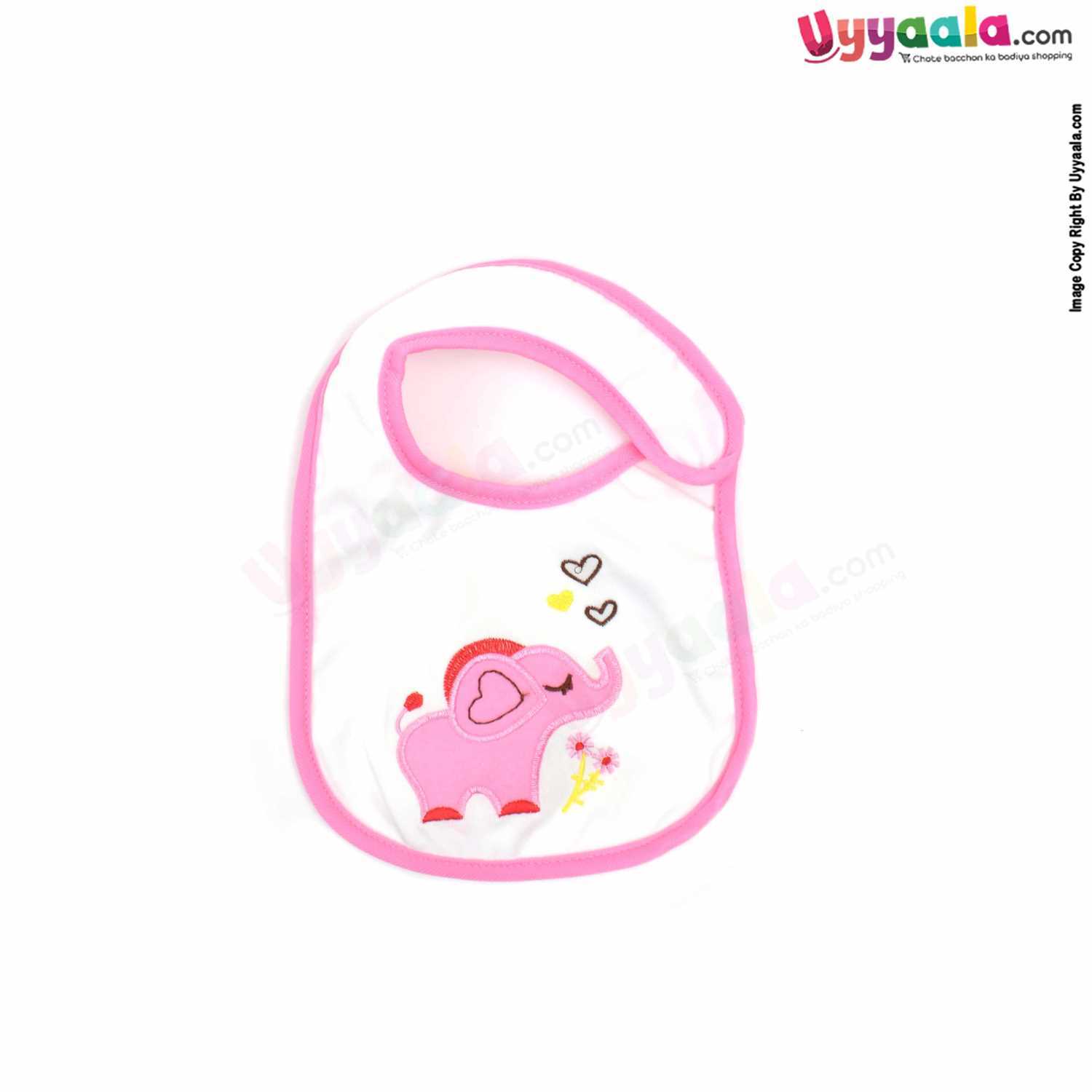 Baby Bib One Side Soft Cotton Hosiery & Another Side Pvc with Elephant Print Size (24*19cm)- Pink & White
