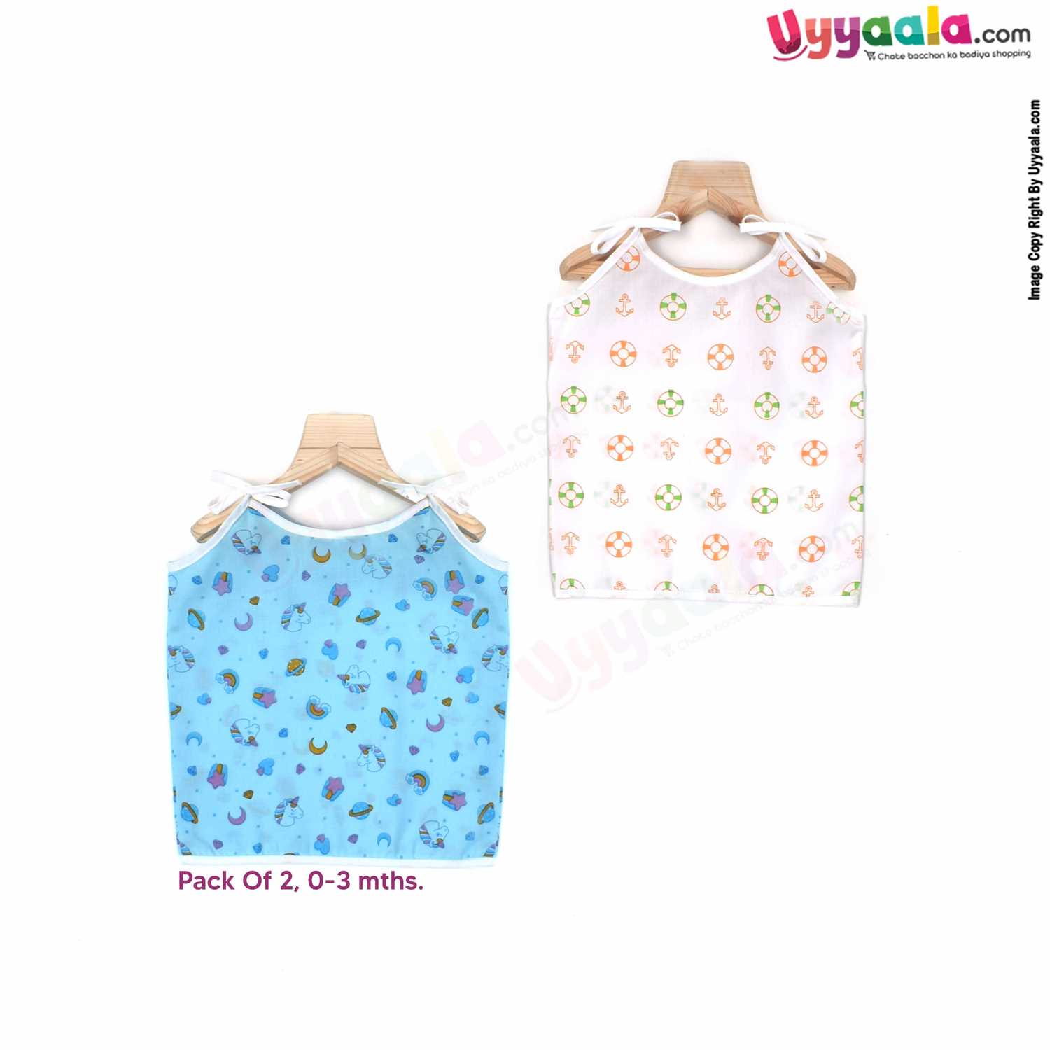 SNUG UP Sleeveless Baby Jabla Set, Top Opening Tie knot Lace Model, Premium Quality Cotton Baby Wear, Unicorn Horse & Anchor Print, (0-3M), 2Pack - Blue & White