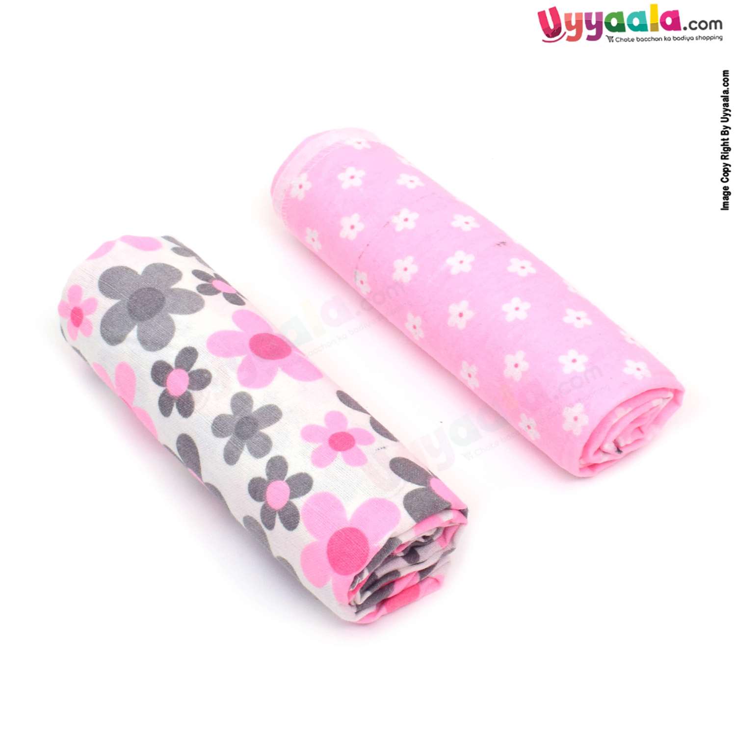 KOLACO Baby Soft Bath Cotton Towel with Floral Print Pack of 2 0+m Age, Size (74*73) - Light Pink & Multi Color